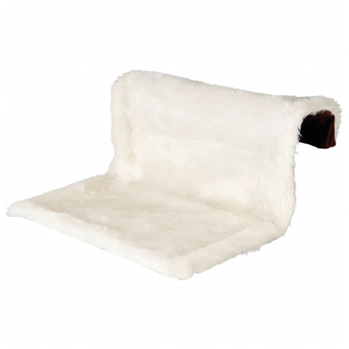 Lettino bianco e soffice per gatti con accento marrone e sfondo bianco.