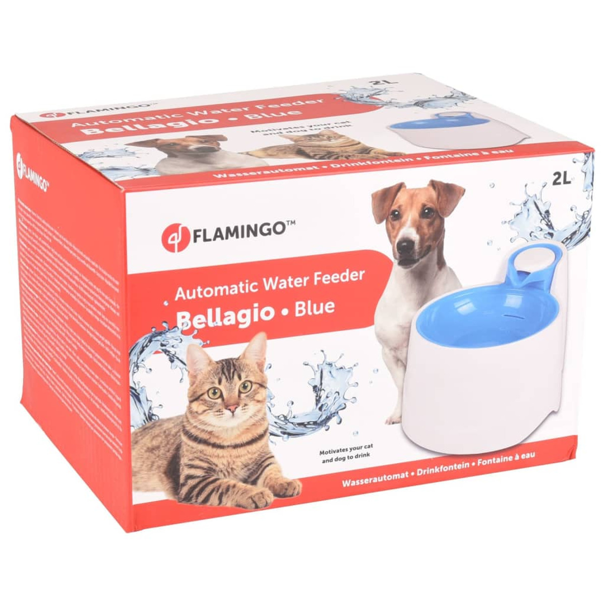 Eine Box mit Hunden und Katzen, automatischem Wasserspender und dem Markennamen.