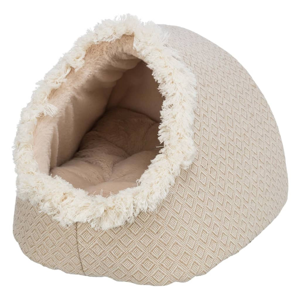 Cuccia beige per gatti. Forma morbida e a cupola con bordo sfrangiato. Interno marrone chiaro, esterno con motivo a diamante.