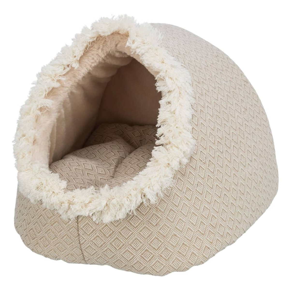 Cuccia beige con motivo a diamante e apertura morbida e frangiata.