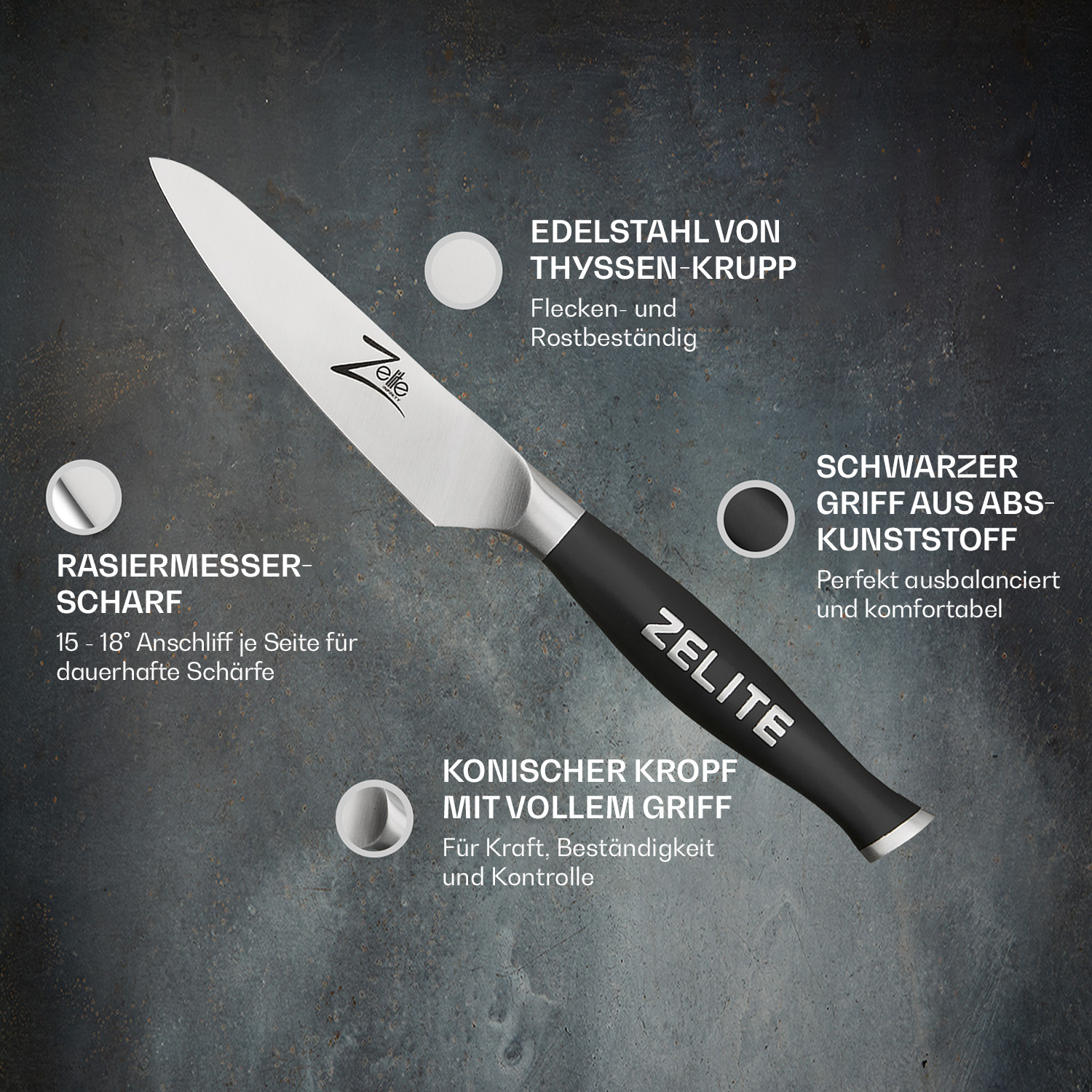 Messer mit schwarzem Griff und silberner Klinge. Text sagt: Rasiermesserscharf und Edelstahl.