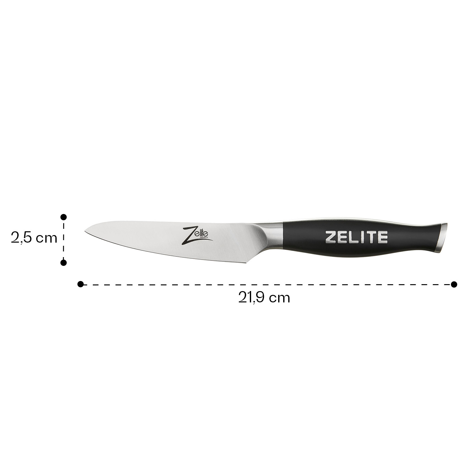 Ein silbernes und schwarzes Messer mit dem Markennamen Zelite auf der Klinge.