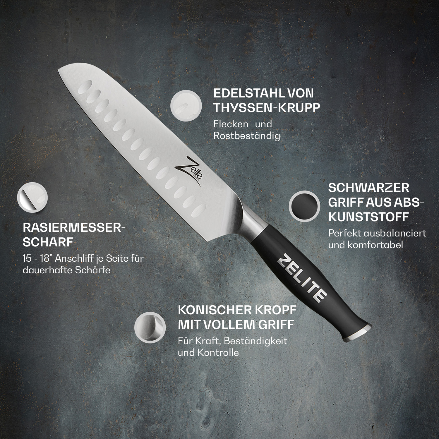 Ein Küchenmesser mit schwarzem Griff. Text weist auf Edelstahl, scharfe Klinge und komfortablen Griff hin.