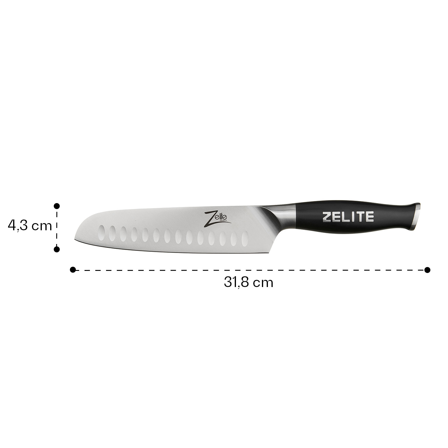 Küchenmesser mit Edelstahlklinge und schwarzem Griff. Messungen werden angezeigt.