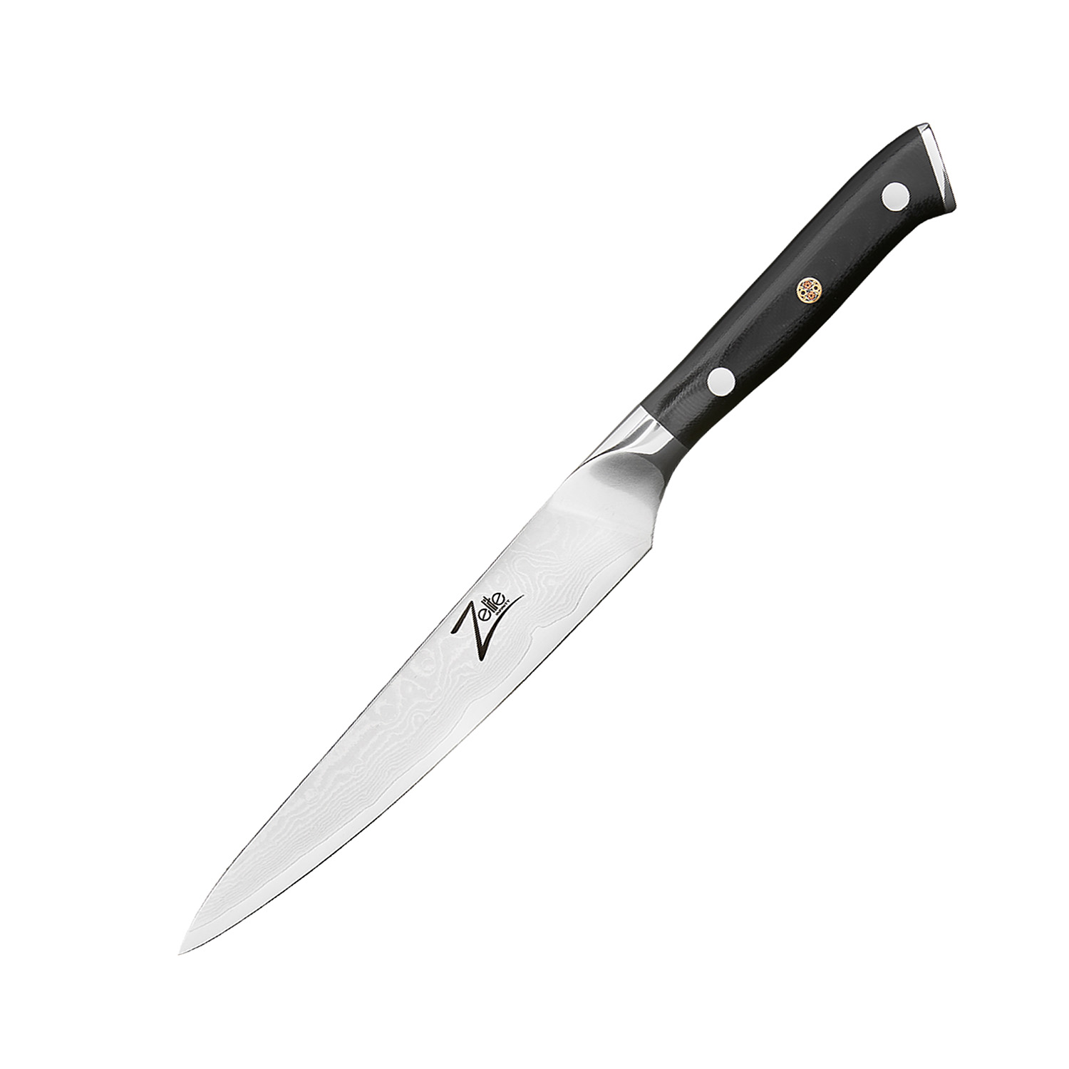 Küchenmesser mit schwarzem Griff und gemusterter Klinge.