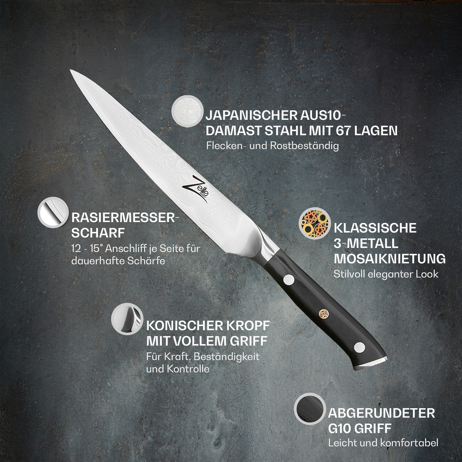 Ein detailliertes Messer mit deutschen Texten auf dunklem Hintergrund. Es ist ein Küchenmesser.
