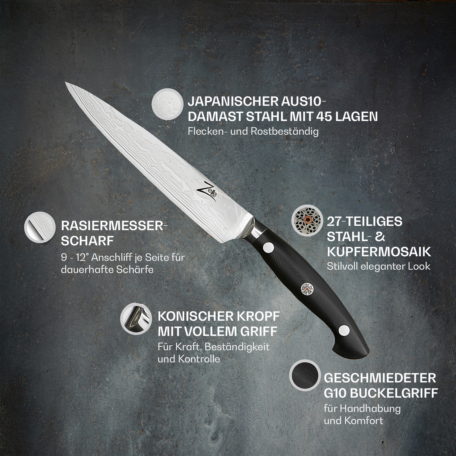 Ein japanisches Messer mit schwarzem Griff, das Details und Text zu seinen Eigenschaften zeigt.