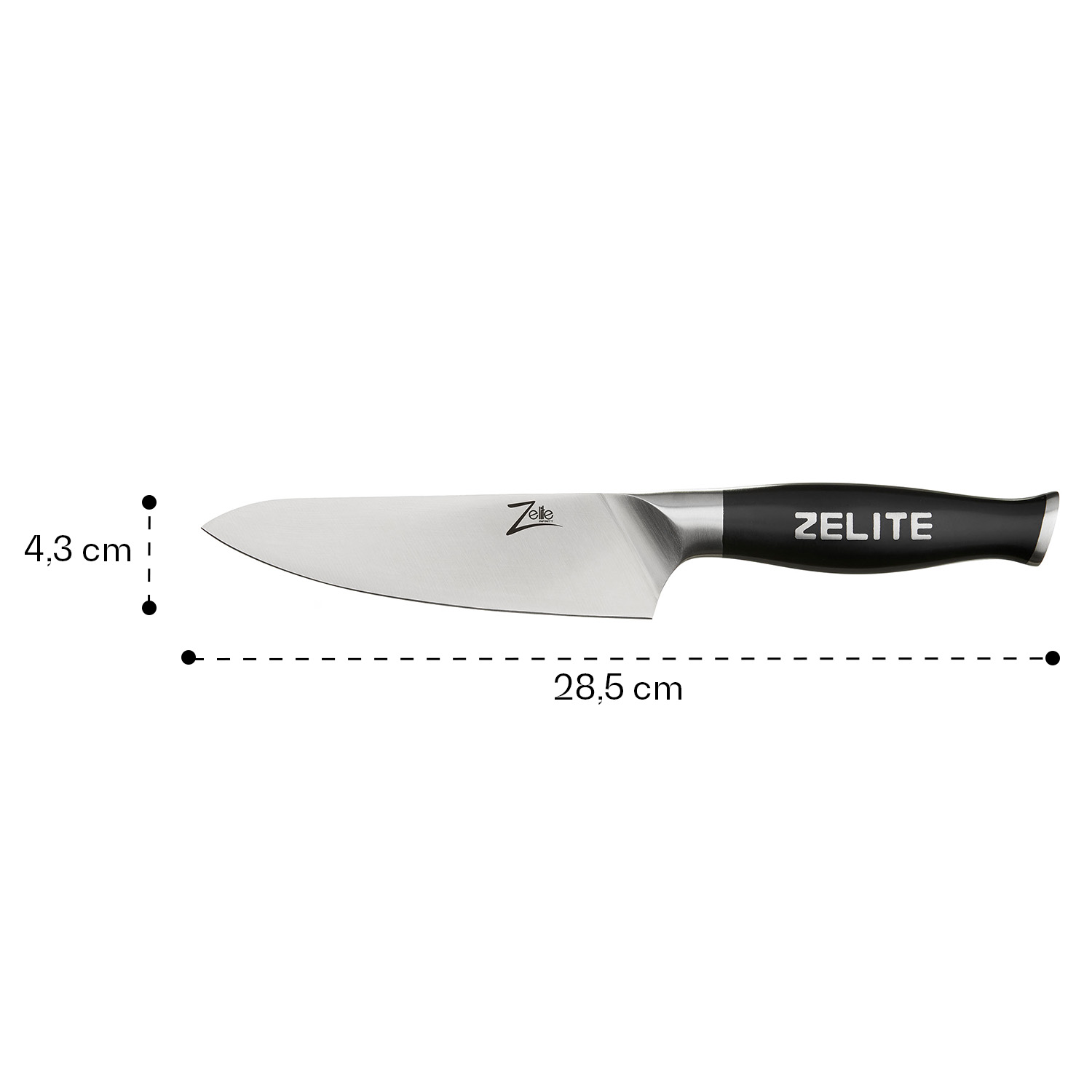 Ein glänzendes silber-schwarzes Messer mit dem Markennamen 'Zelite'. Die Klinge ist gerade.