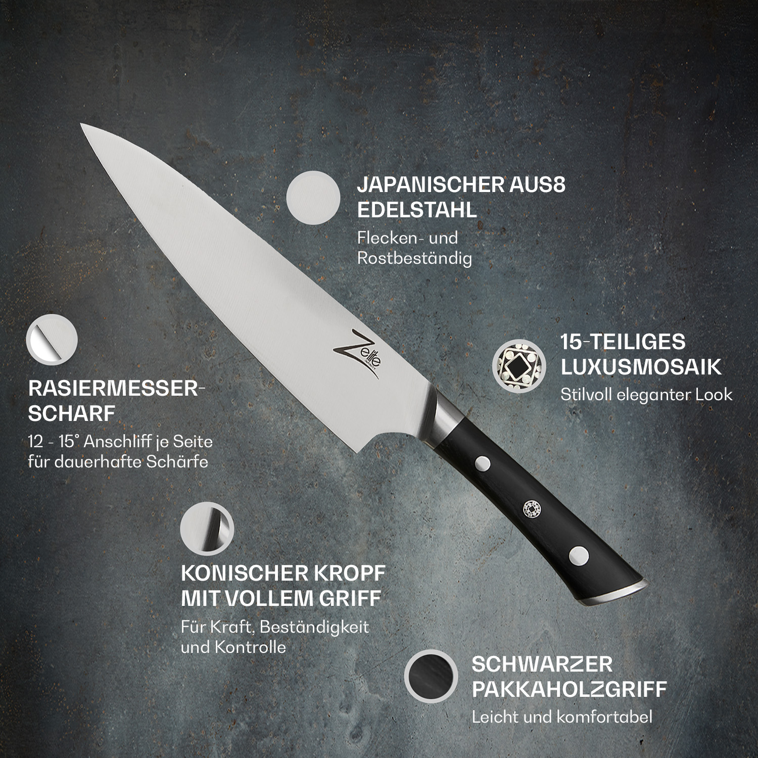 Ein Kochmesser mit schwarzem Griff, mit Text und Details zum Messer.