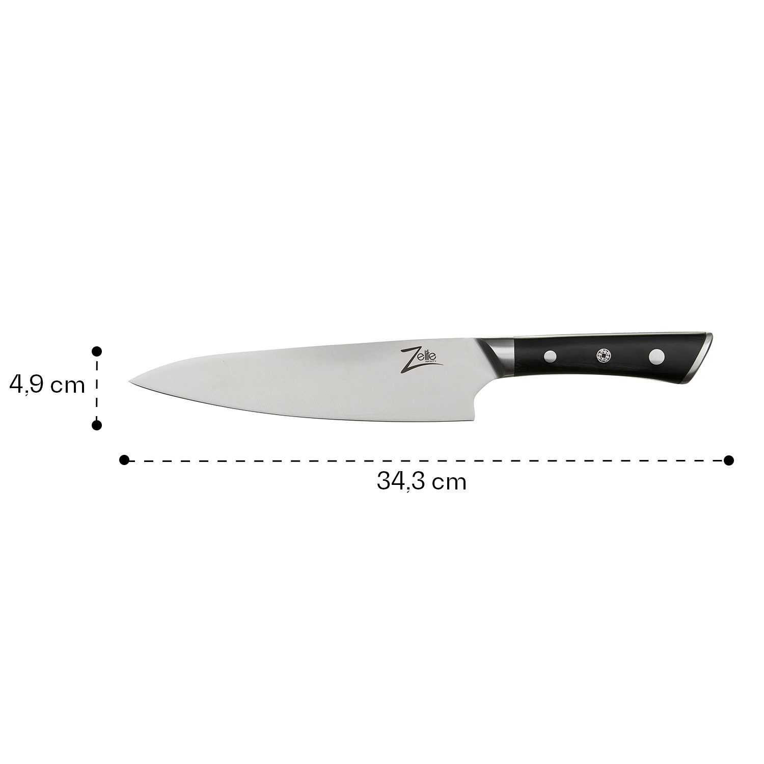 Ein Kochmesser mit schwarzem Griff und silberner Klinge. Es hat eine Länge von 34,3 cm.