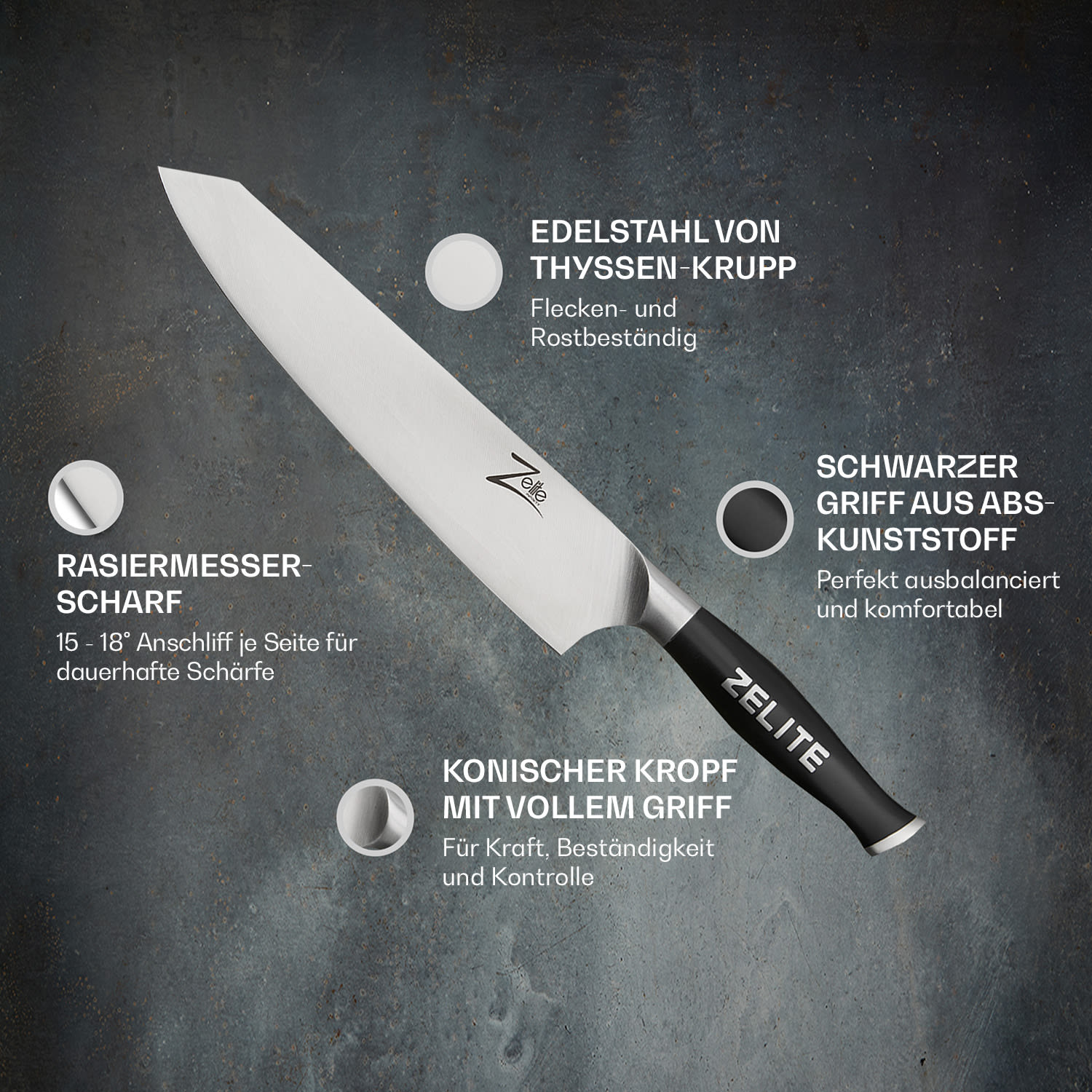 Nahaufnahme eines Messers, schwarzer Griff, silberne Klinge. Text auf Deutsch.