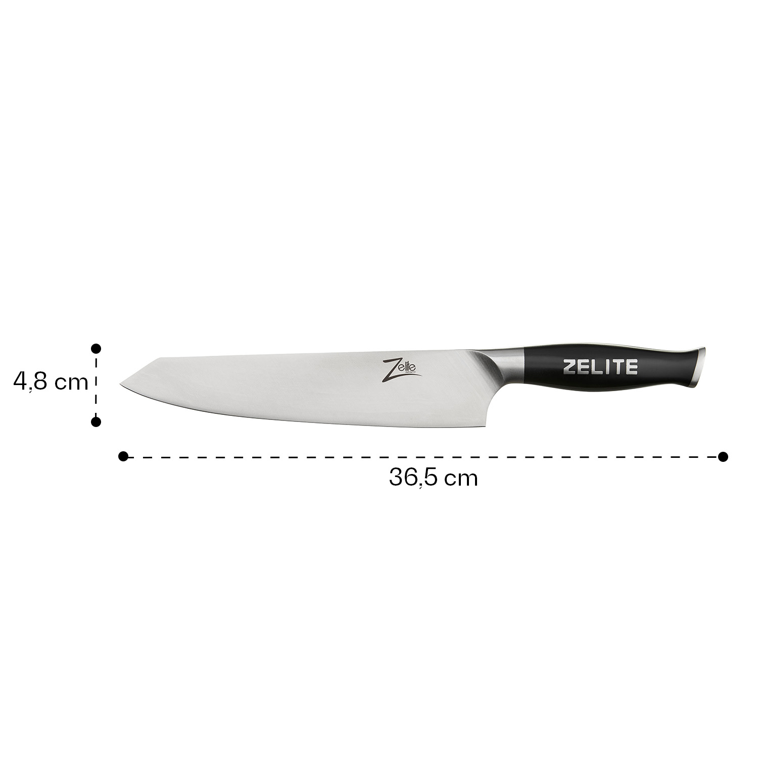 Ein silbernes und schwarzes Kochmesser mit schwarzem Griff. Abmessungen, 4,8 cm x 36,5 cm, werden gezeigt.