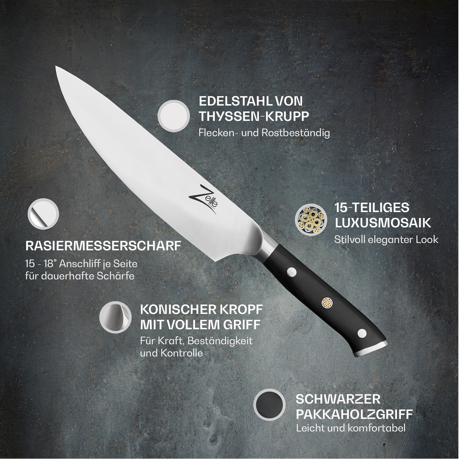 Messer mit schwarzem Griff. Die Klinge ist silber. Der Hintergrund ist dunkel mit Text und Kreisen.
