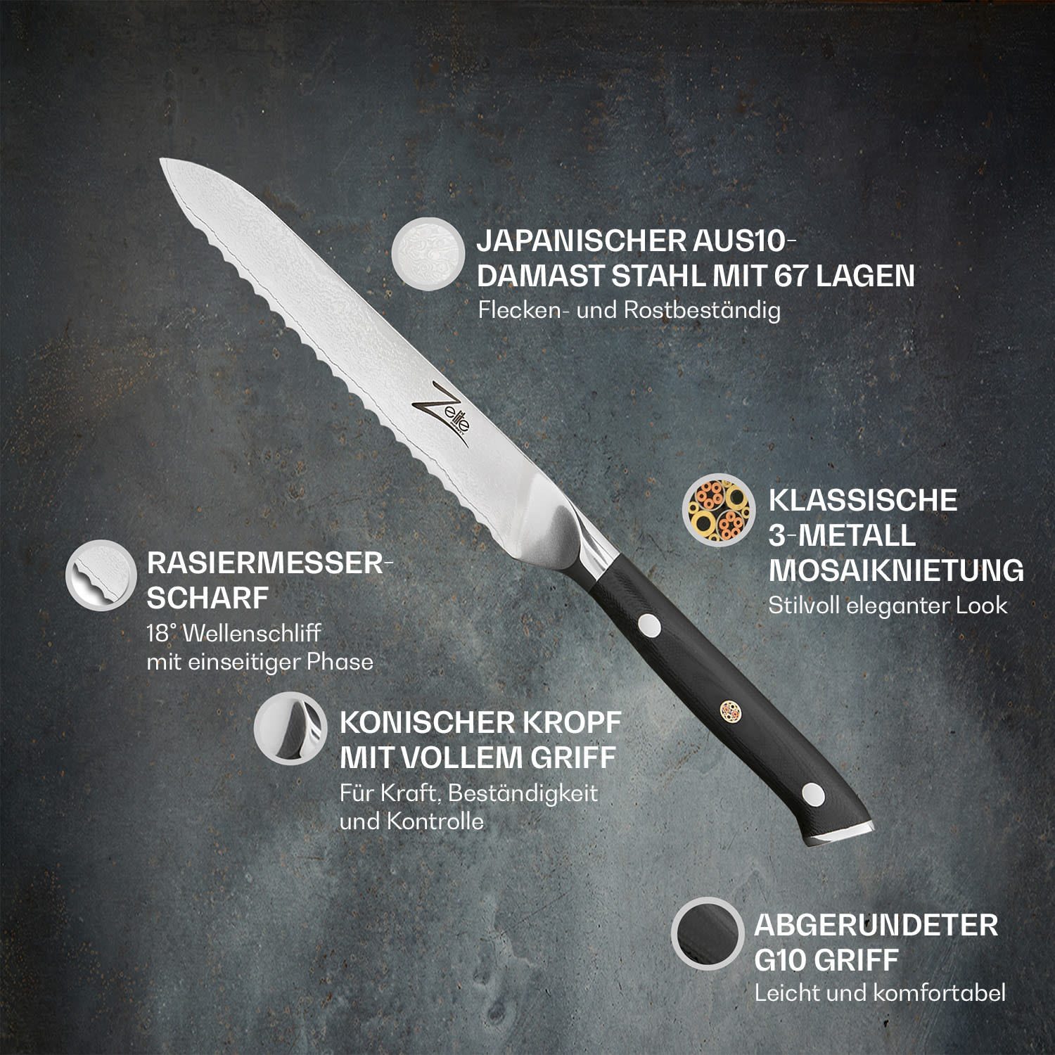 Ein Wellenschliffmesser mit Textbeschriftungen und schwarzem Griff auf dunklem Hintergrund. Das Messer hat eine silberne Klinge.