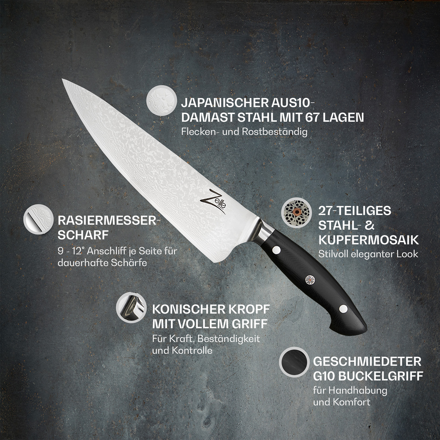 Messer mit Text, Nahaufnahme. Textbeschriftungen und Merkmale des Messers.