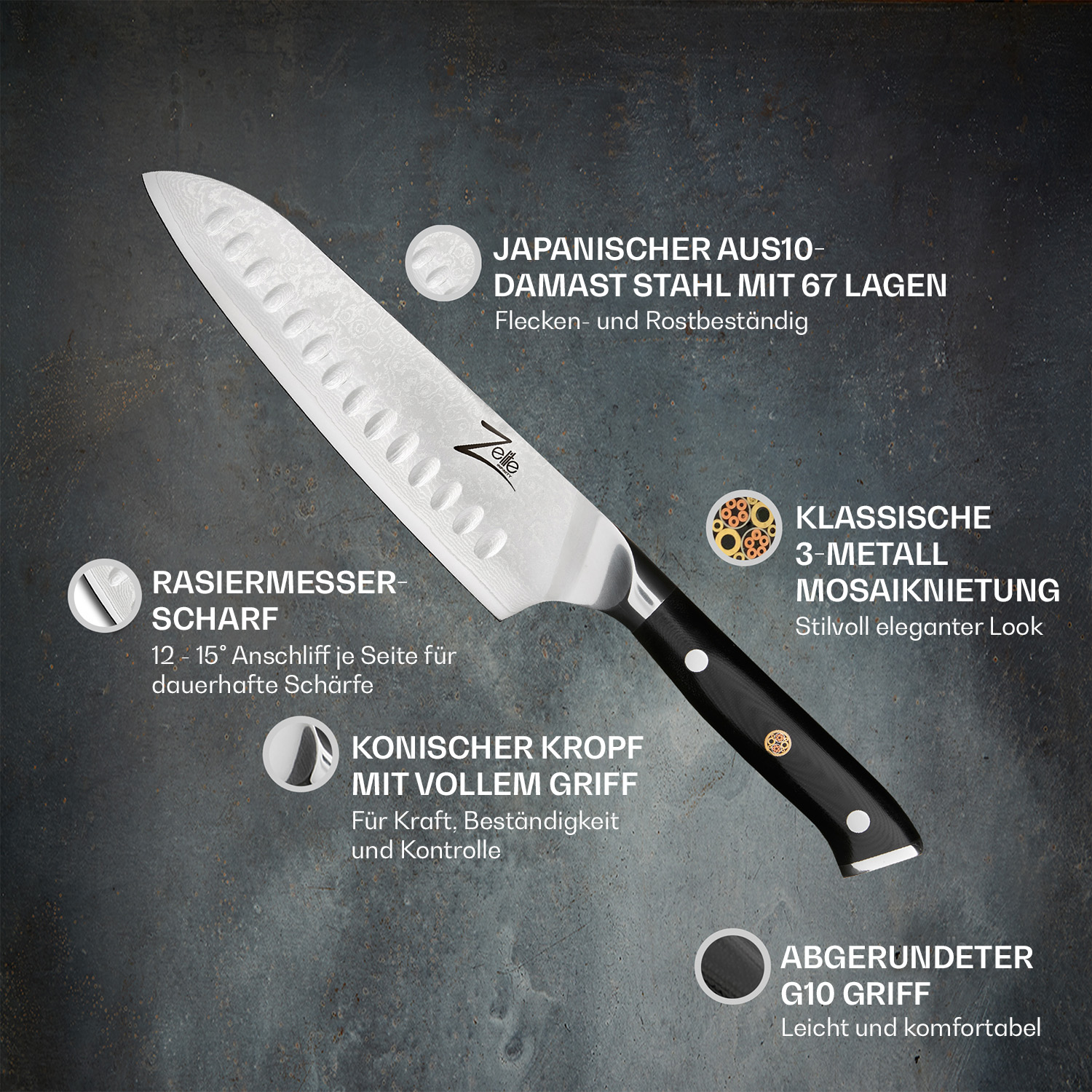 Ein japanisches Messer mit Textbeschriftungen und Nahaufnahmen. Schwarzer Griff und silberne Klinge.