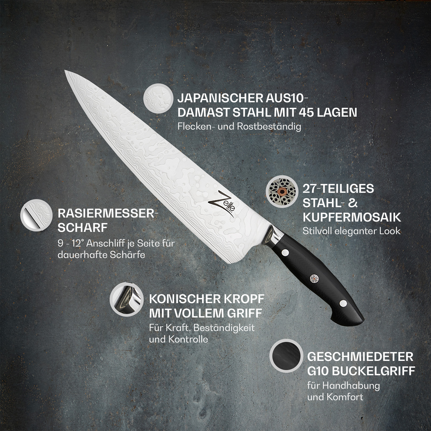 Ein Messer mit Textbeschriftungen, die Merkmale wie Klinge und Griff hervorheben.