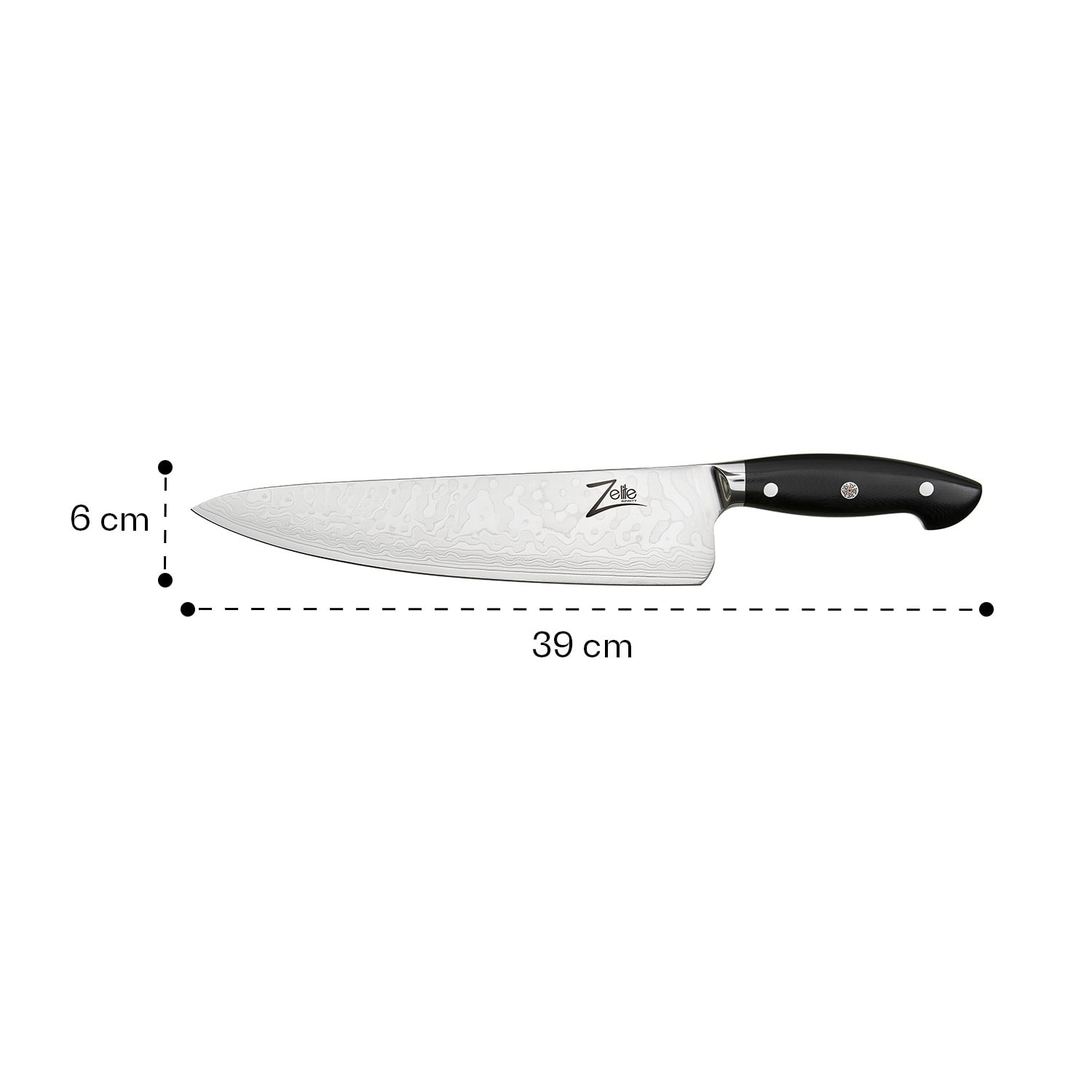 Ein Messer mit gemusterter Klinge und schwarzem Griff. Maße sind angegeben.