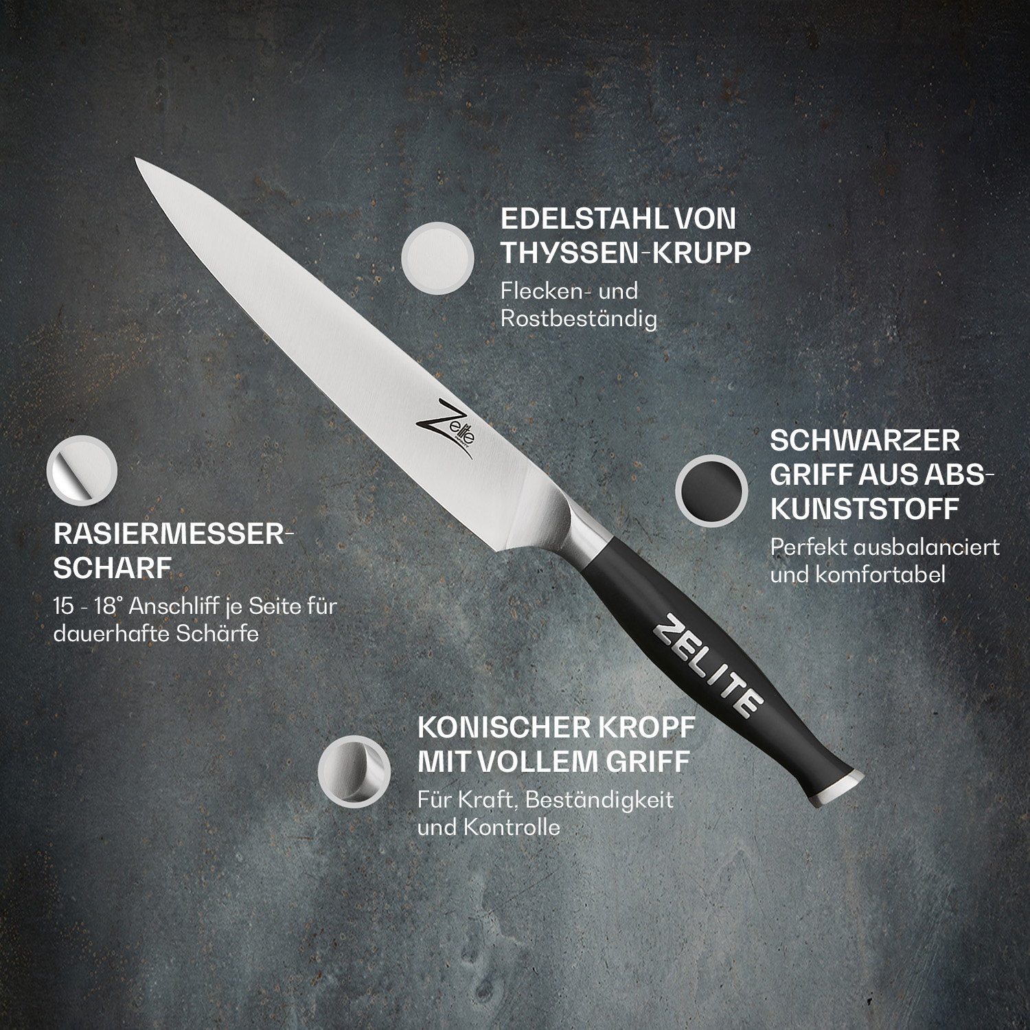 Messer mit schwarzem Griff. Textbeschreibungen um das Messer und auf der Klinge.