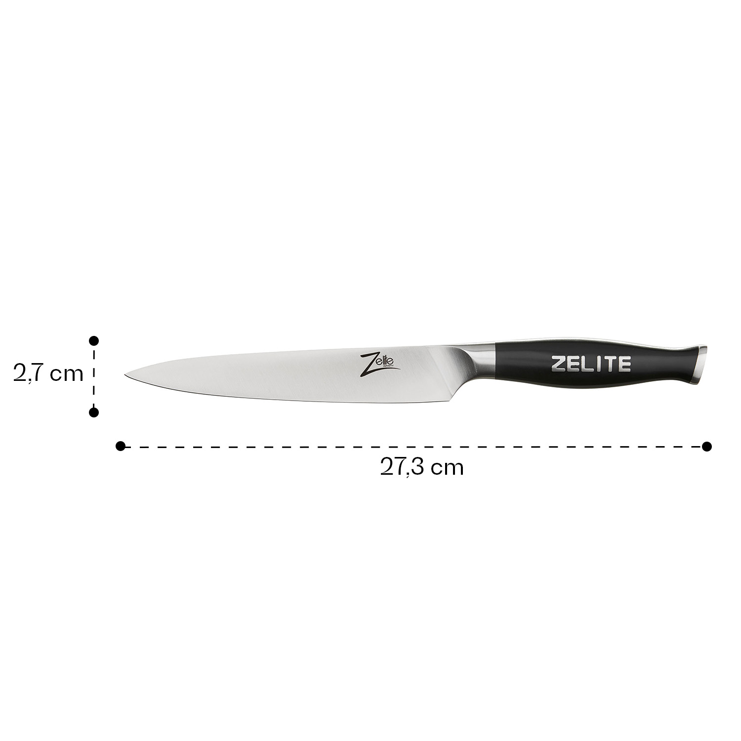 Ein Küchenmesser auf weißem Hintergrund. Es hat einen schwarzen Griff und eine silberne Klinge.