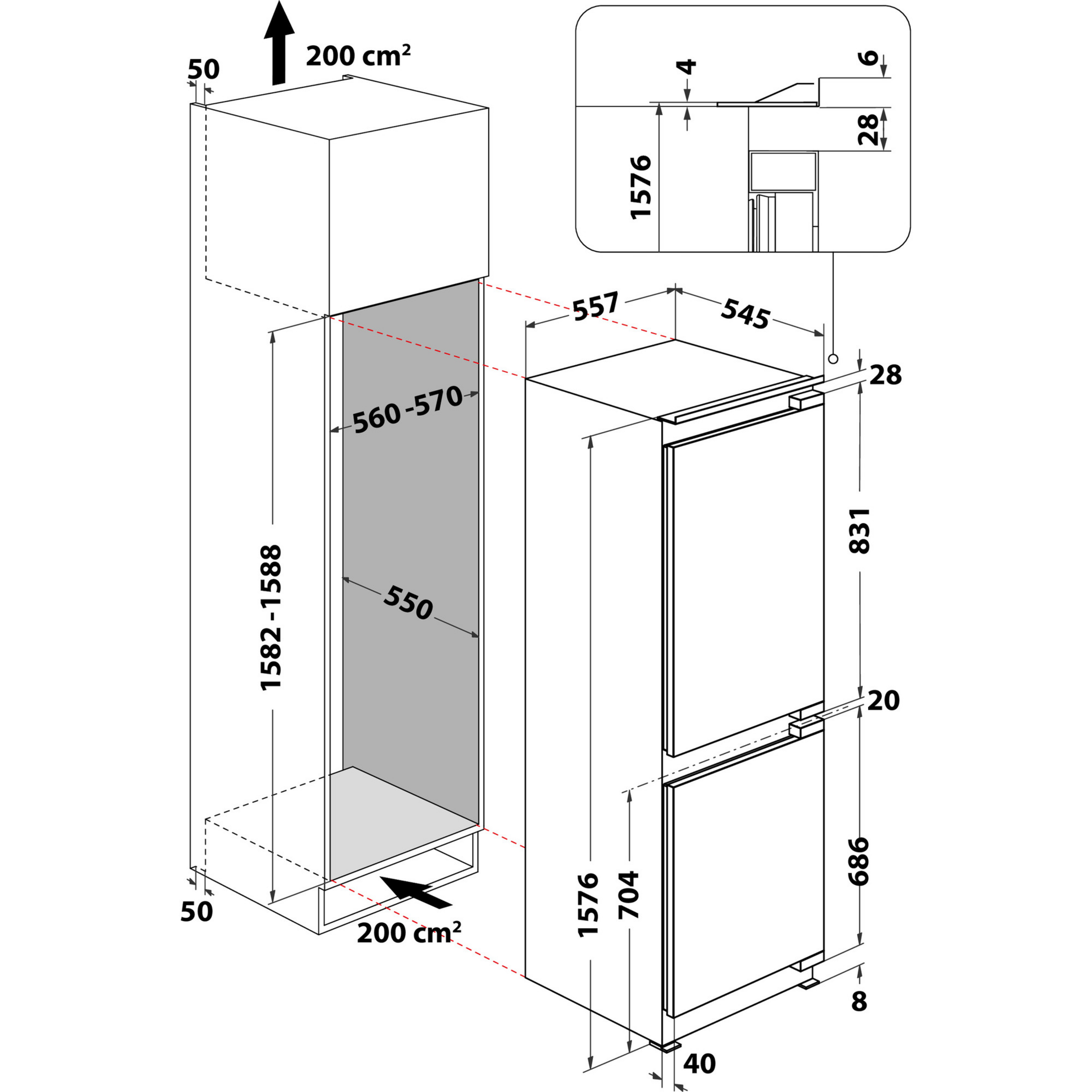 Diagramm eines Einbaukühlschranks mit Abmessungen und Maßen.
