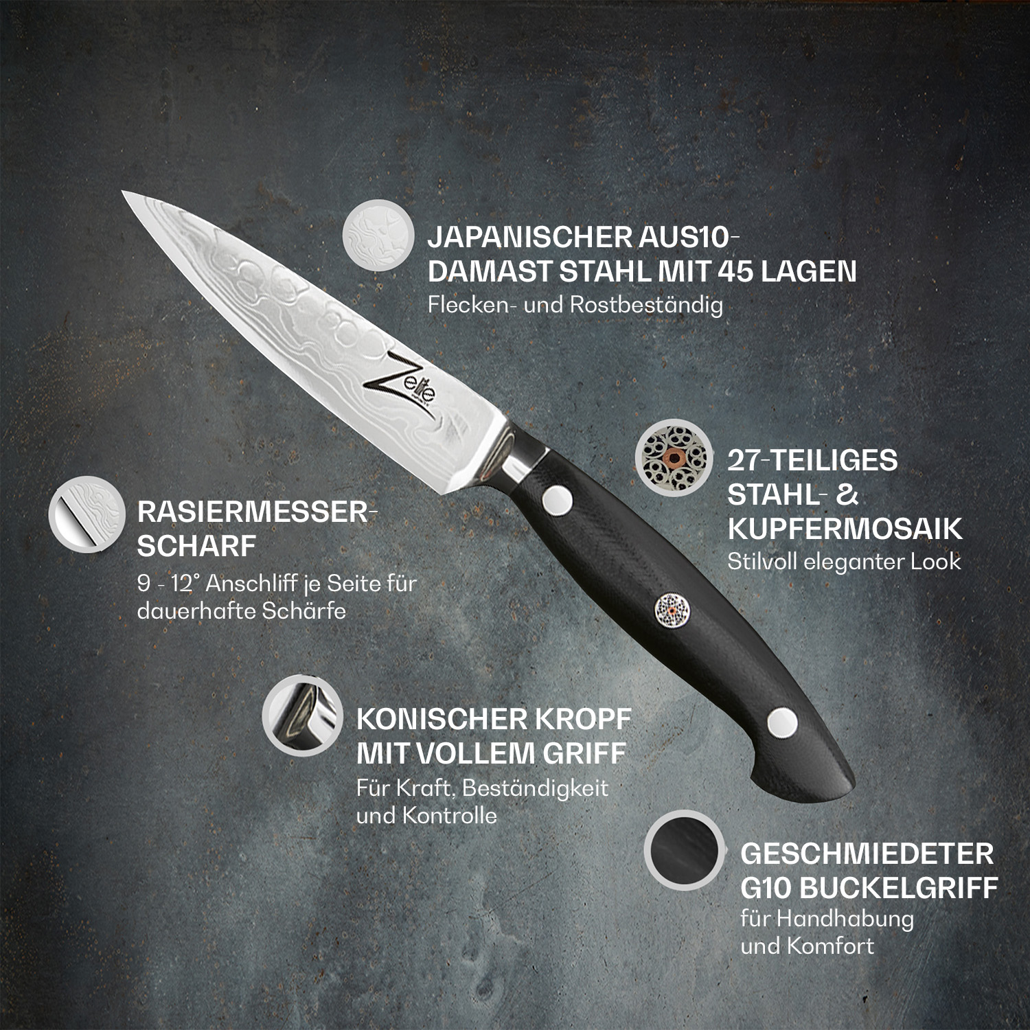 Messer mit schwarzem Griff und silberner Klinge mit Text.