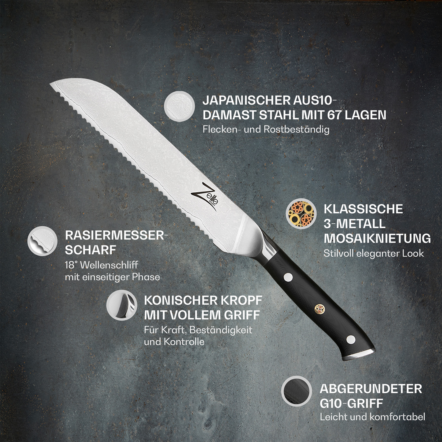 Nahaufnahme eines Messers mit schwarzem Griff. Text beschreibt Eigenschaften wie die Schärfe der Klinge.