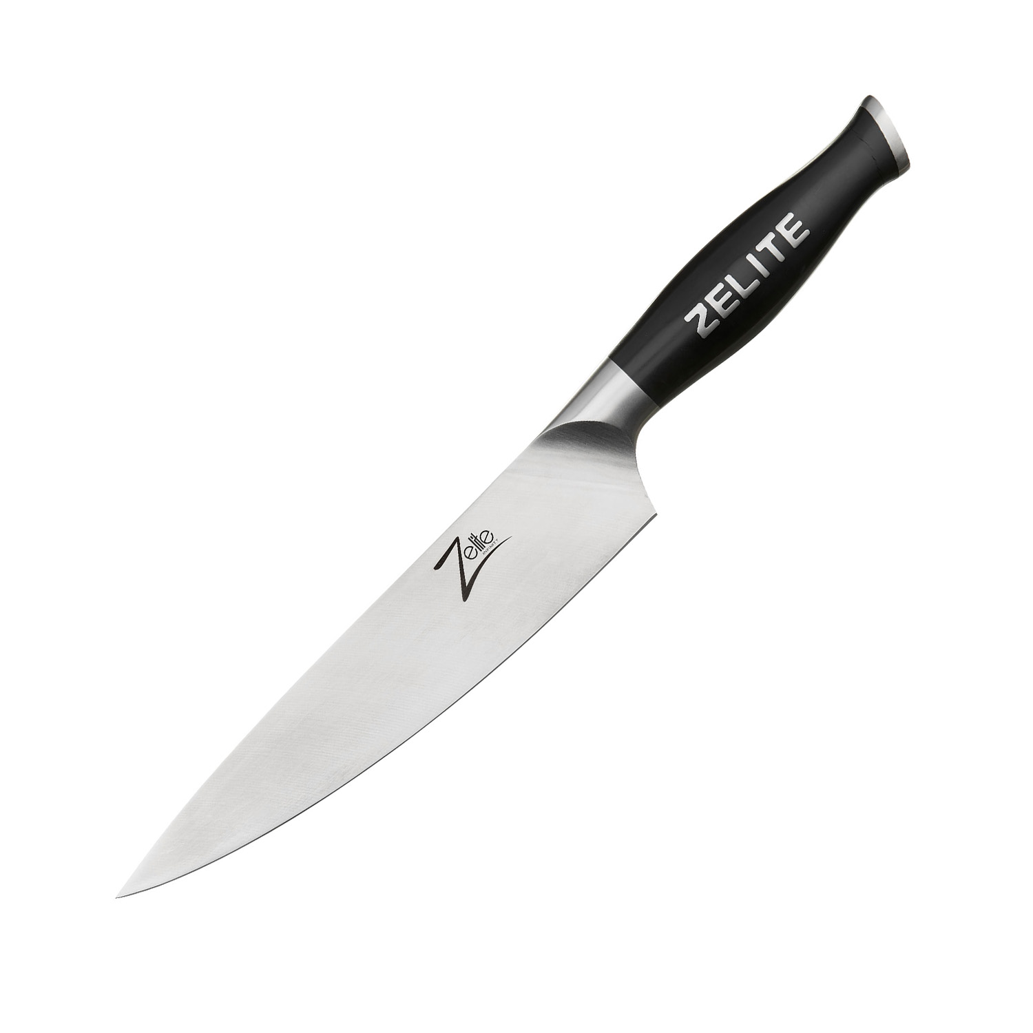 Küchenmesser mit schwarzem Griff und silberner Klinge. Zelite Elite steht darauf.