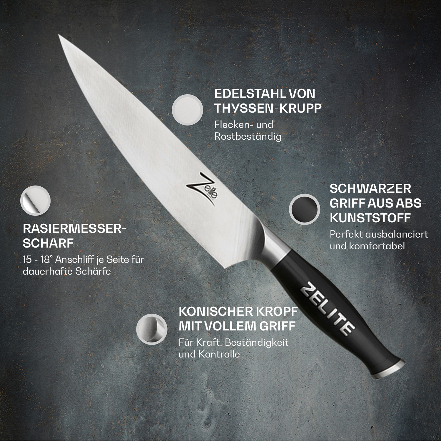 Ein schwarz-silbernes Küchenmesser mit Textbeschriftungen. Text beschreibt Material, Schärfe und Griff des Messers.