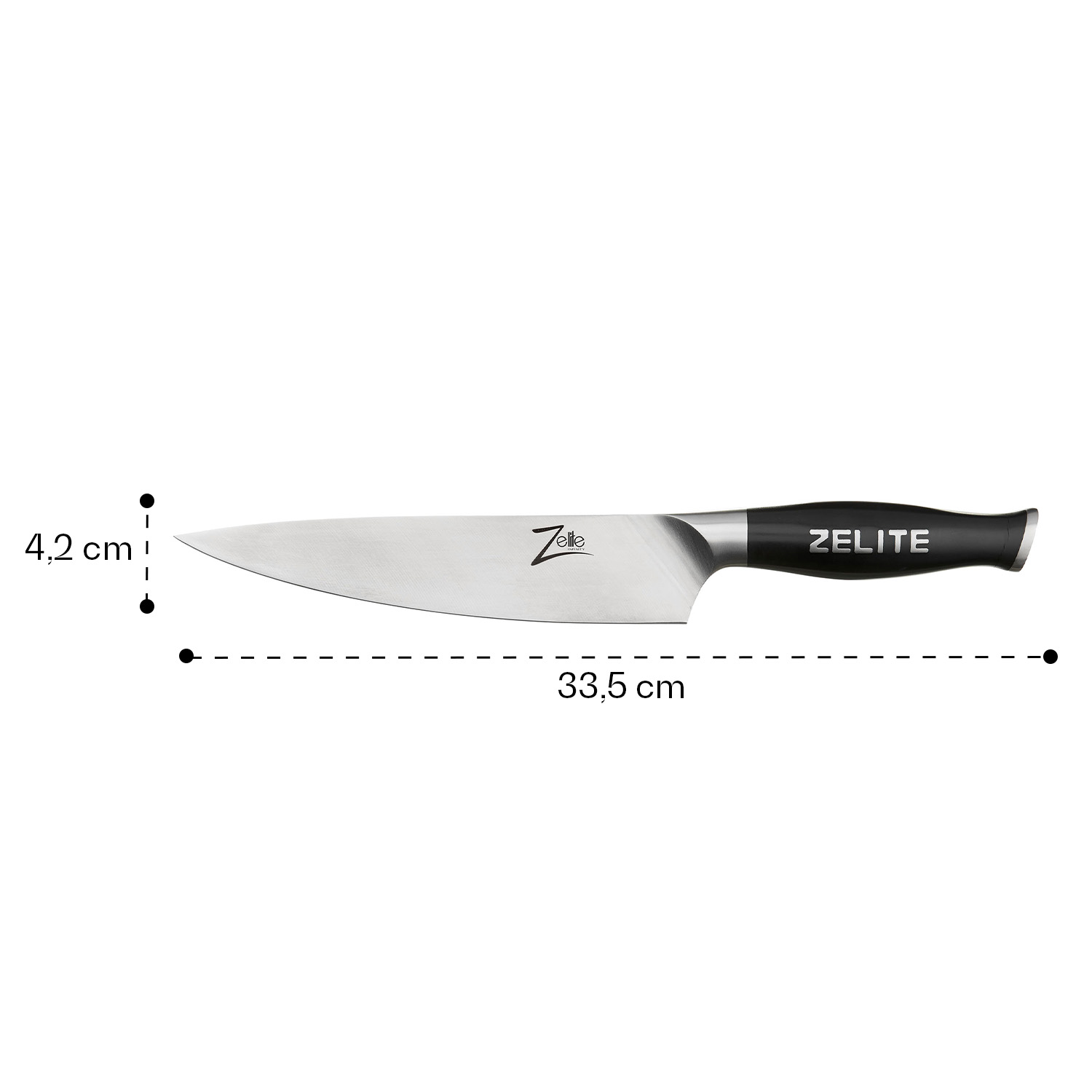 Messer mit schwarzem Griff; Klinge ohne Löcher; Messungen daneben.