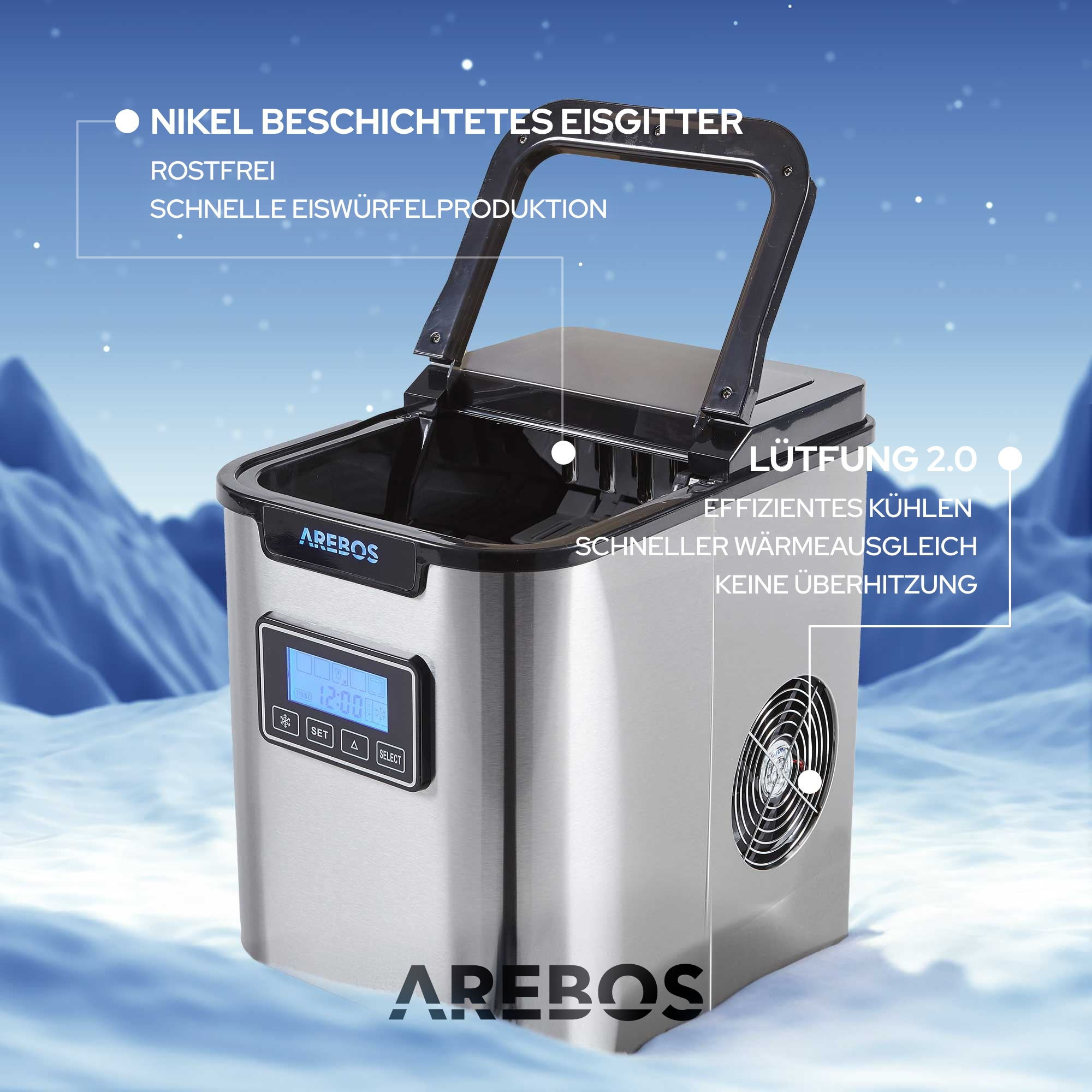 Silberner Eisbereiter mit Textbeschriftungen und einem Ventilator, vor einem schneebedeckten Untergrund.