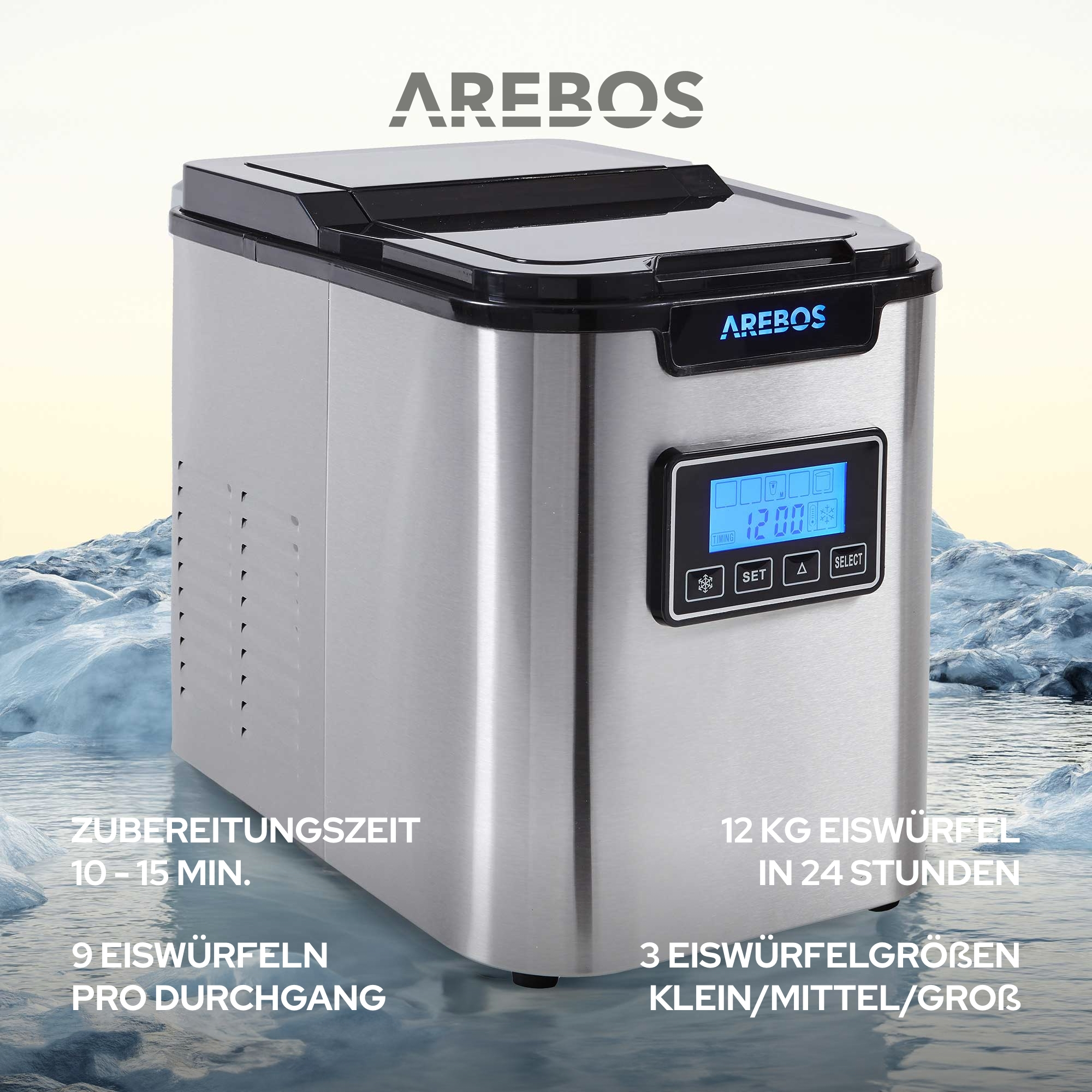 Ein Eisbereiter aus Edelstahl mit blauem Display. Der Hintergrund ist Eis.