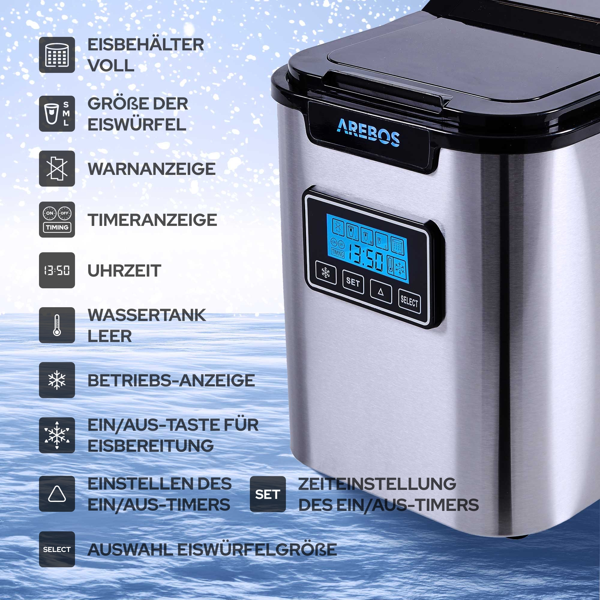 Eine Eismaschine mit digitaler Anzeige und verschiedenen Knöpfen, mit Textbeschriftungen.