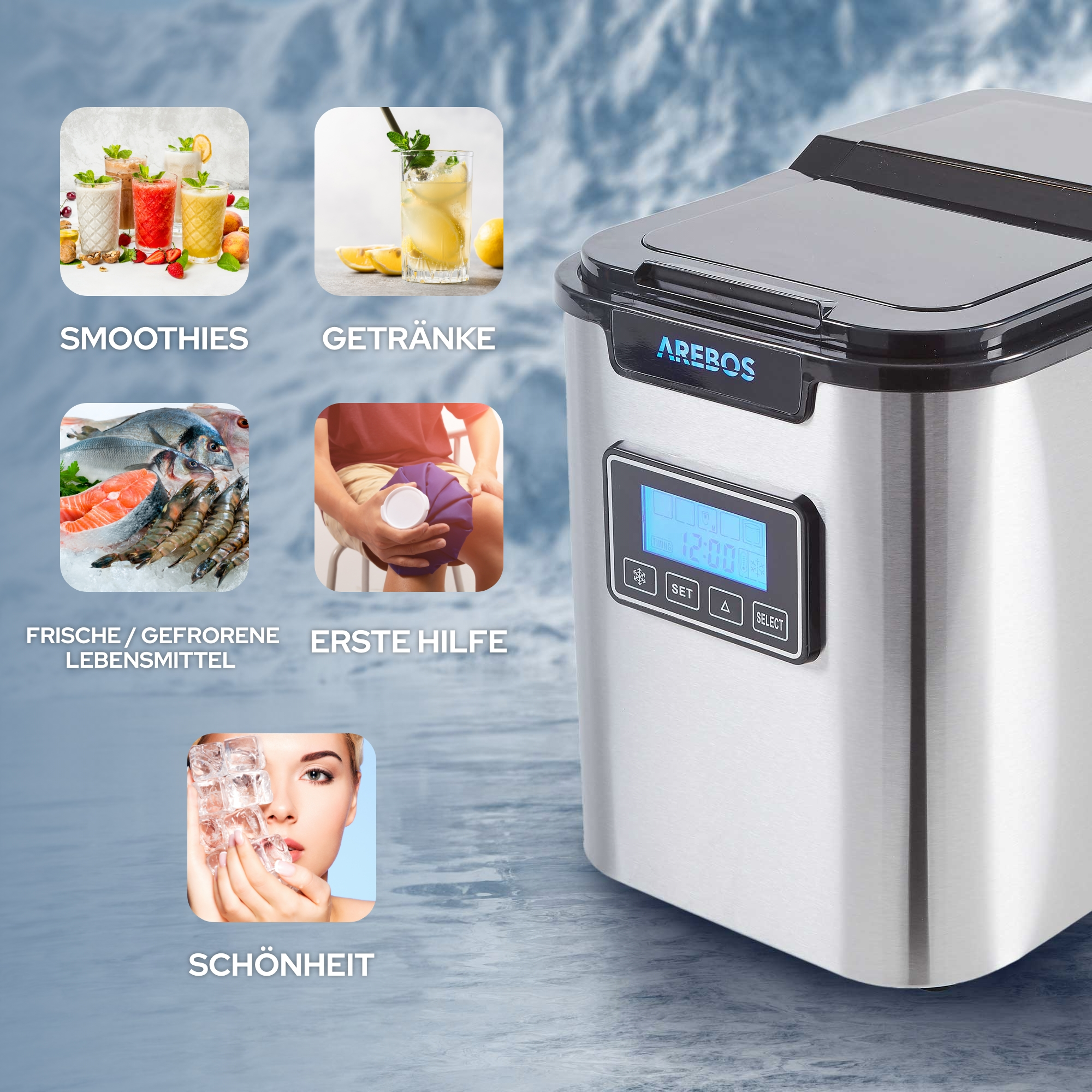 Eine Eismaschine. Bilder zeigen Smoothies, Getränke, Essen, Erste Hilfe und Schönheit. Eisiger Hintergrund.