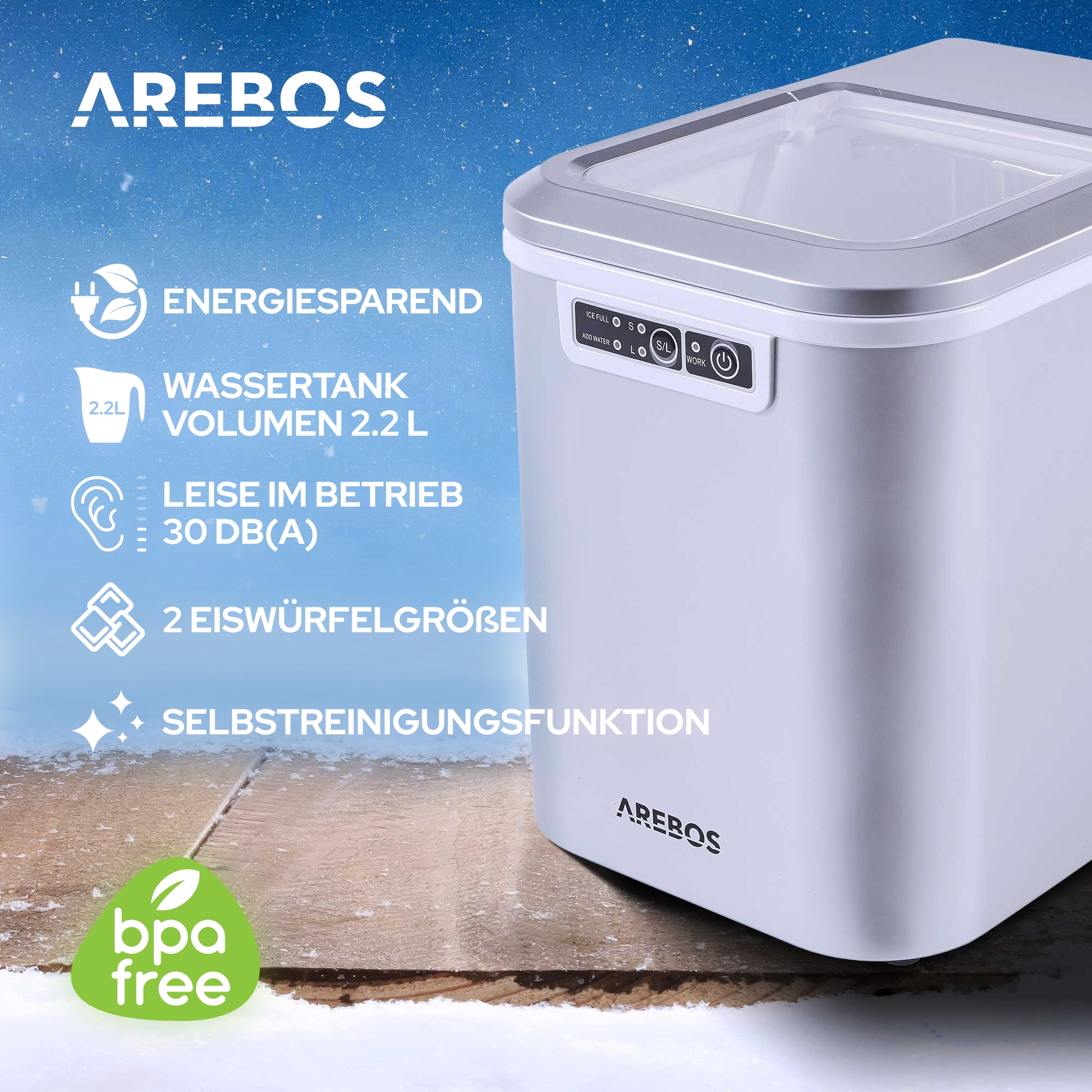 Weißer Eisbereiter mit Textetiketten, BPA-frei-Logo und Eisgrößen.