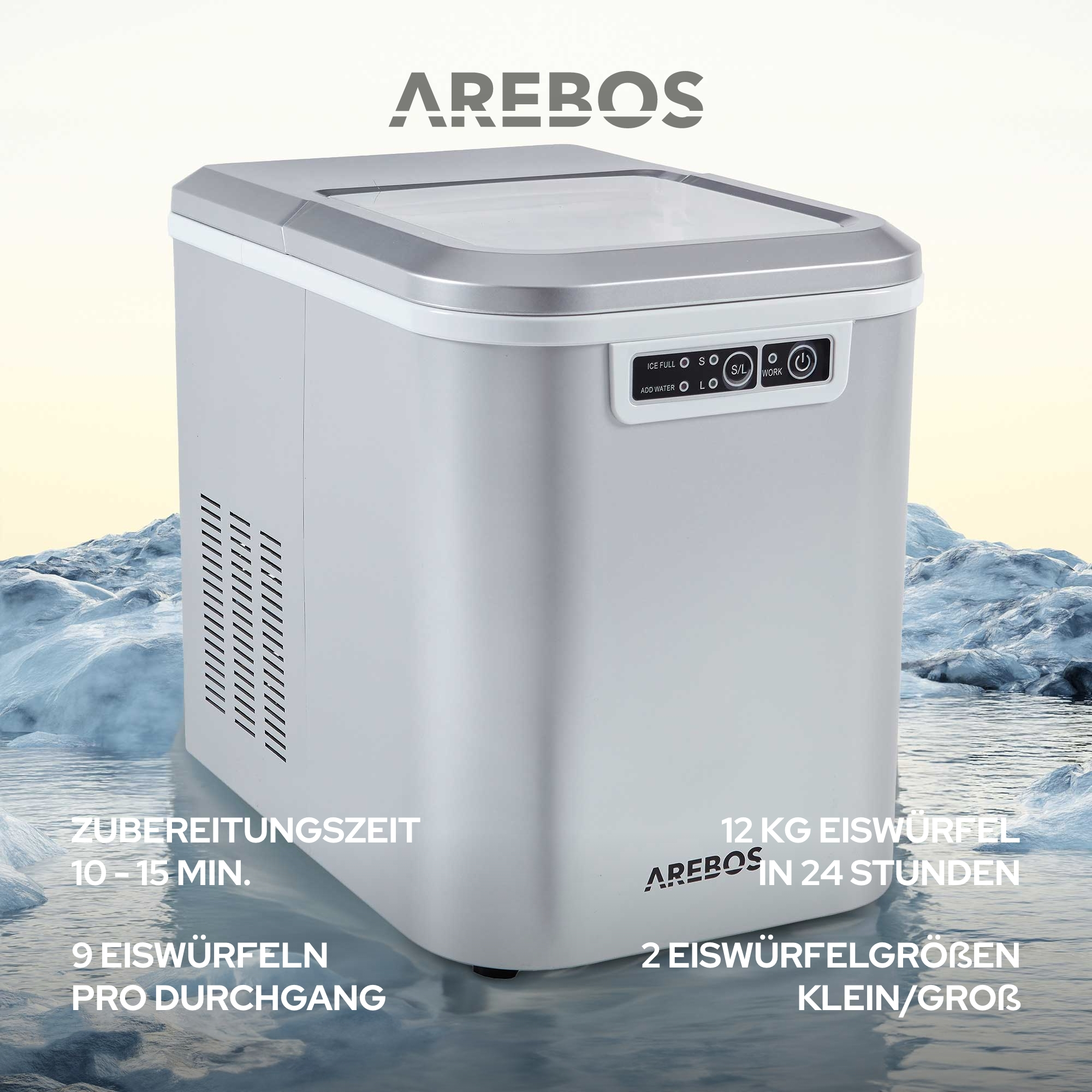 AREBOS 2,2L Watt, 12Kg in Icemaker 24h silber) (120 Eiswürfelmaschine