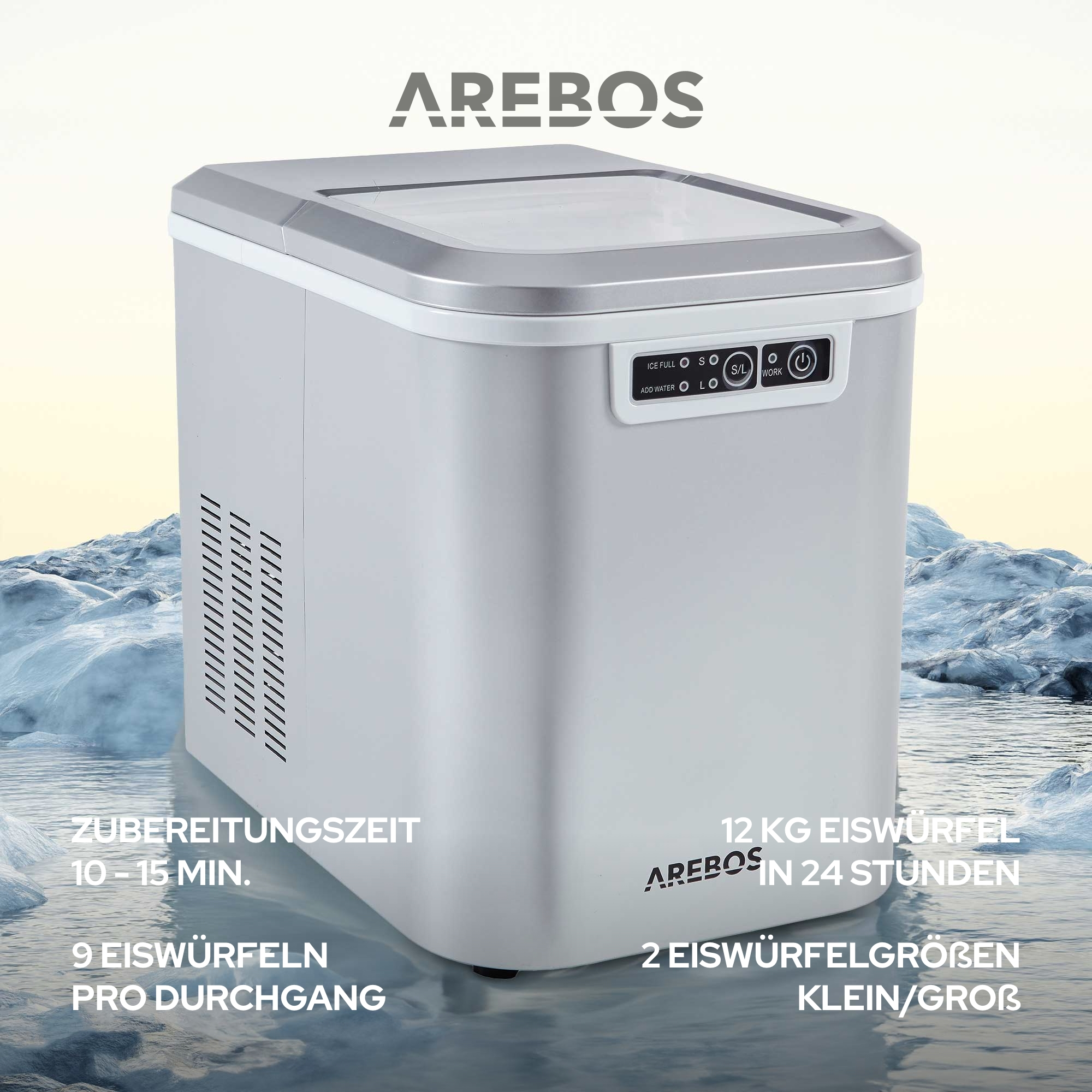 Ein silberner Eiswürfelbereiter mit 'AREBOS', Text mit Eiswürfelproduktionsdetails.