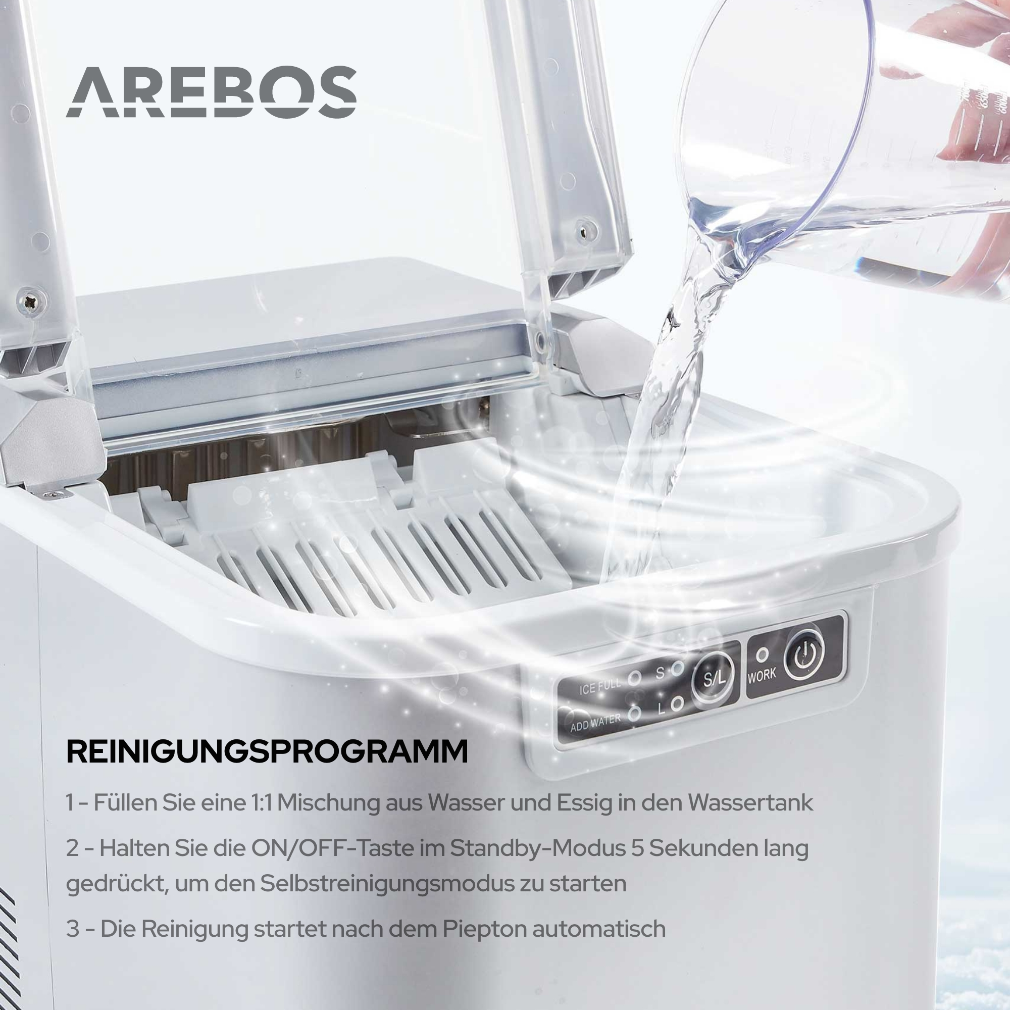 Weiße Eismaschine, Wasser wird hineingegossen. Anweisungen stehen unten.