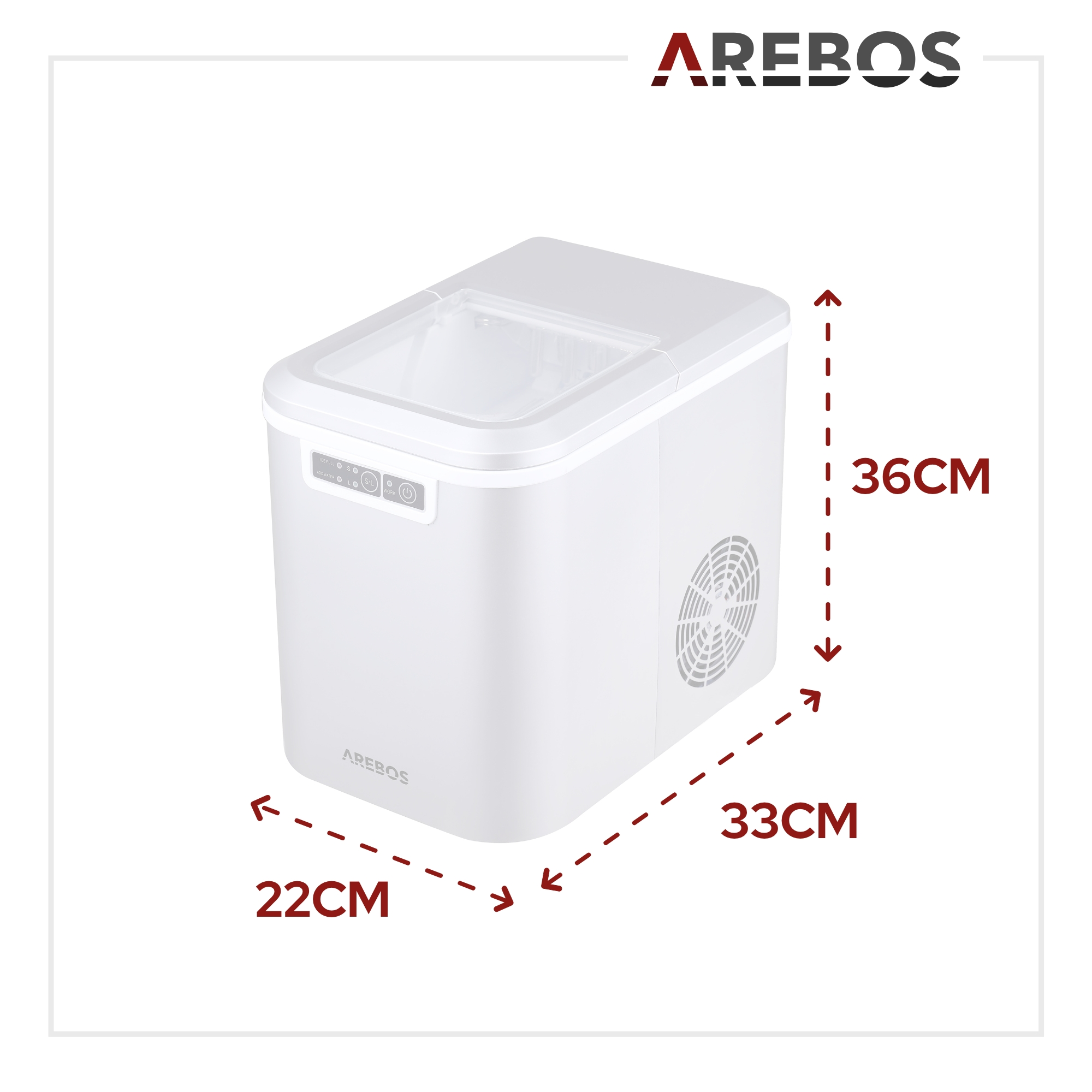 Weißer Eisbereiter mit den Maßen: 22cm breit, 33cm tief, 36cm hoch. Arebos-Logo sichtbar.