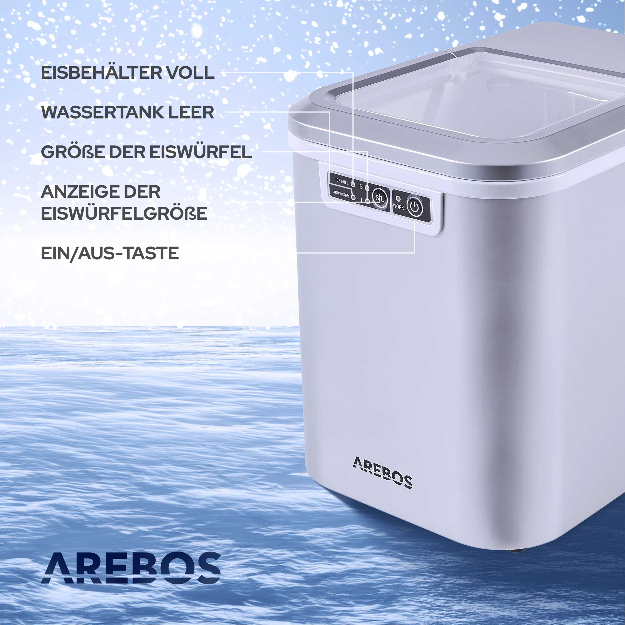 Ein weißer Eisbereiter mit Textbeschriftungen, Wasser, Knöpfen und Eiswürfeln.