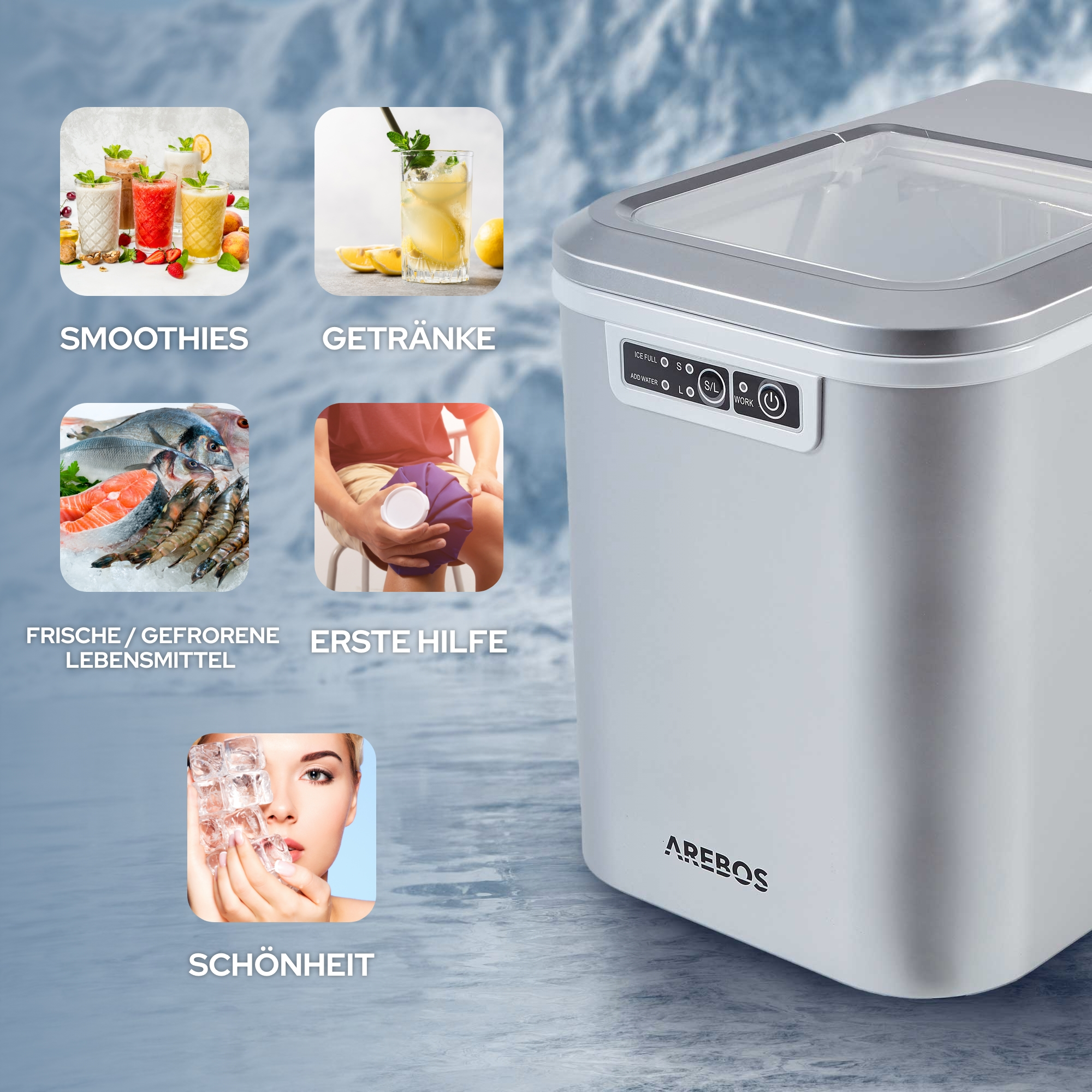 Eisbereiter mit Bildern, die Smoothies, Getränke, Essen, Erste Hilfe und Schönheit zeigen.