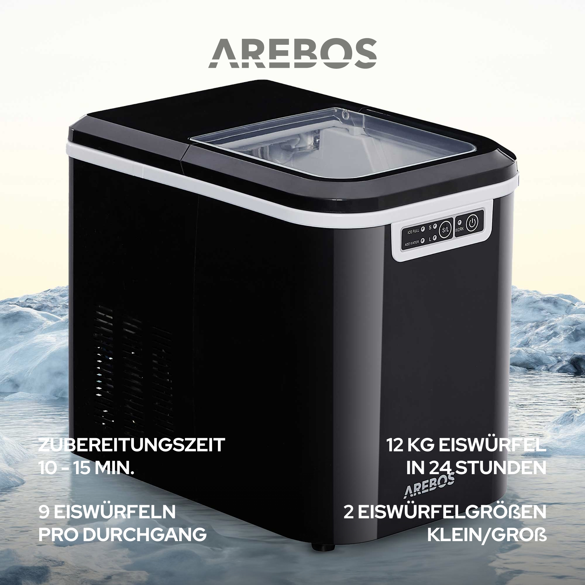 schwarz) Eiswürfelmaschine Icemaker (150 2,2L Watt, AREBOS