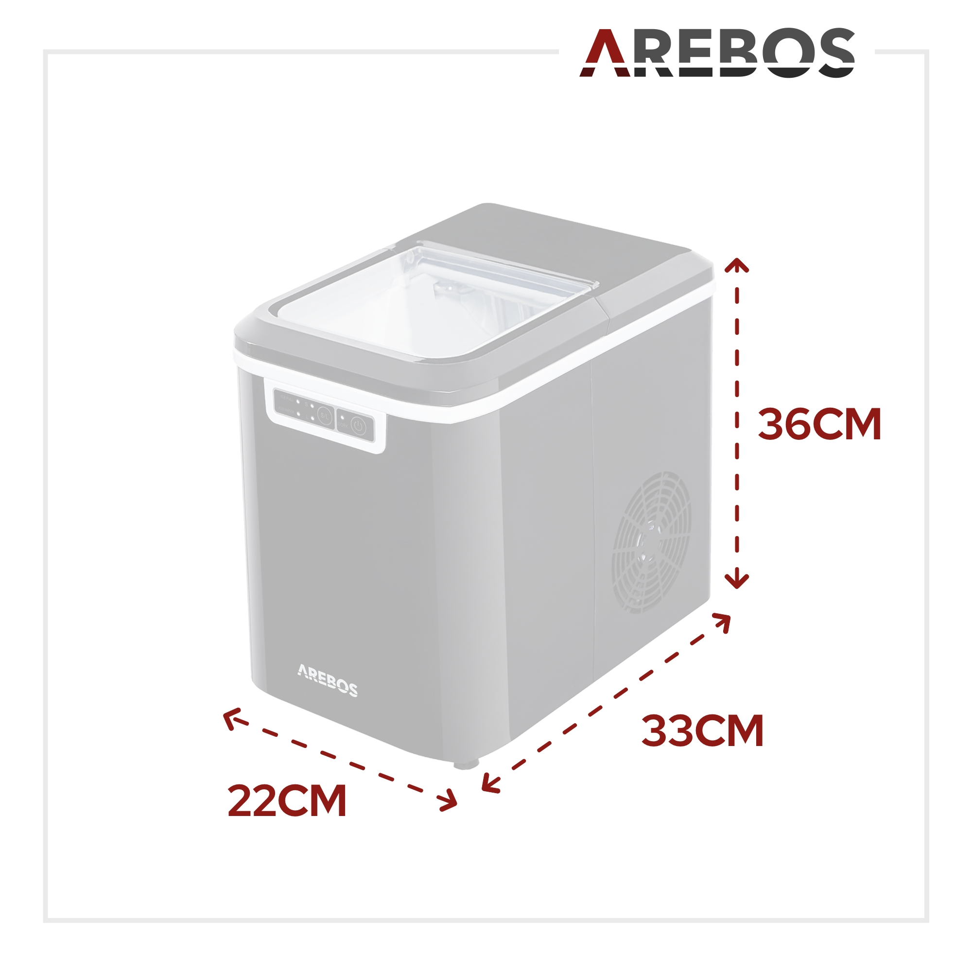 Grauer Eisbereiter mit den angegebenen Abmessungen: 22 cm, 33 cm und 36 cm, mit dem AREBOS-Logo.