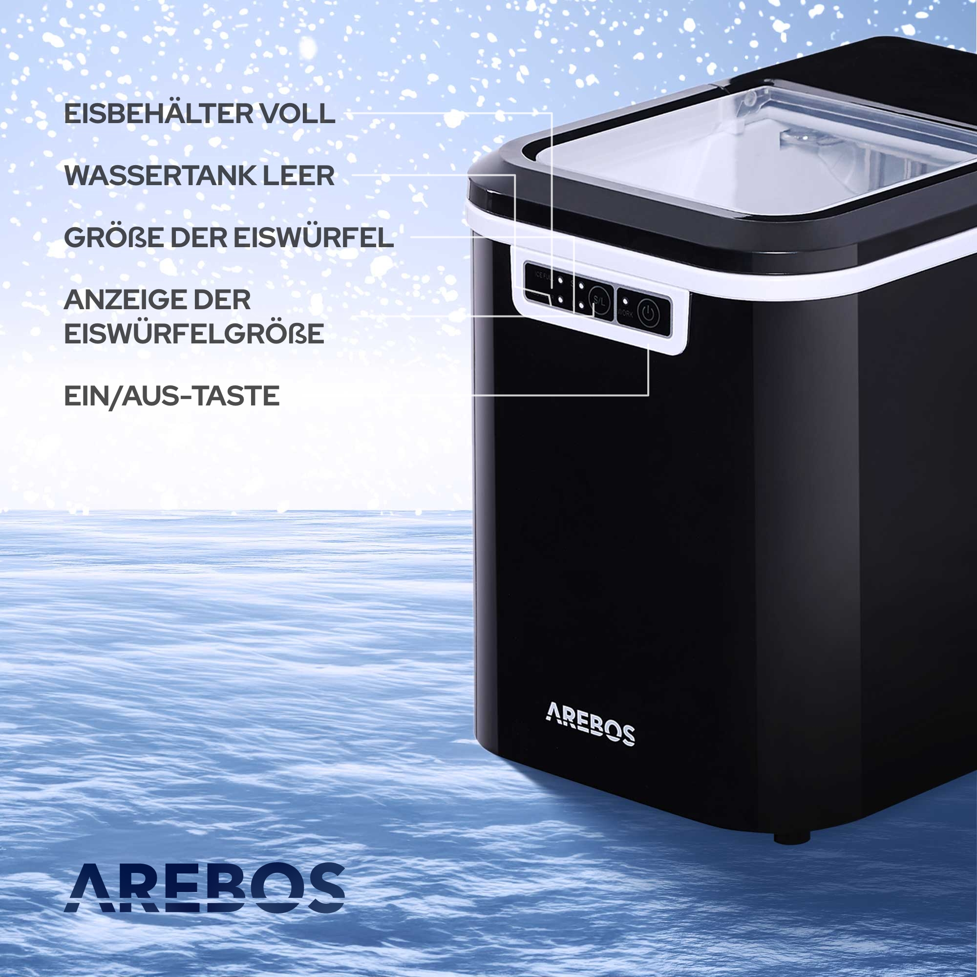 schwarz) Eiswürfelmaschine Icemaker (150 2,2L Watt, AREBOS
