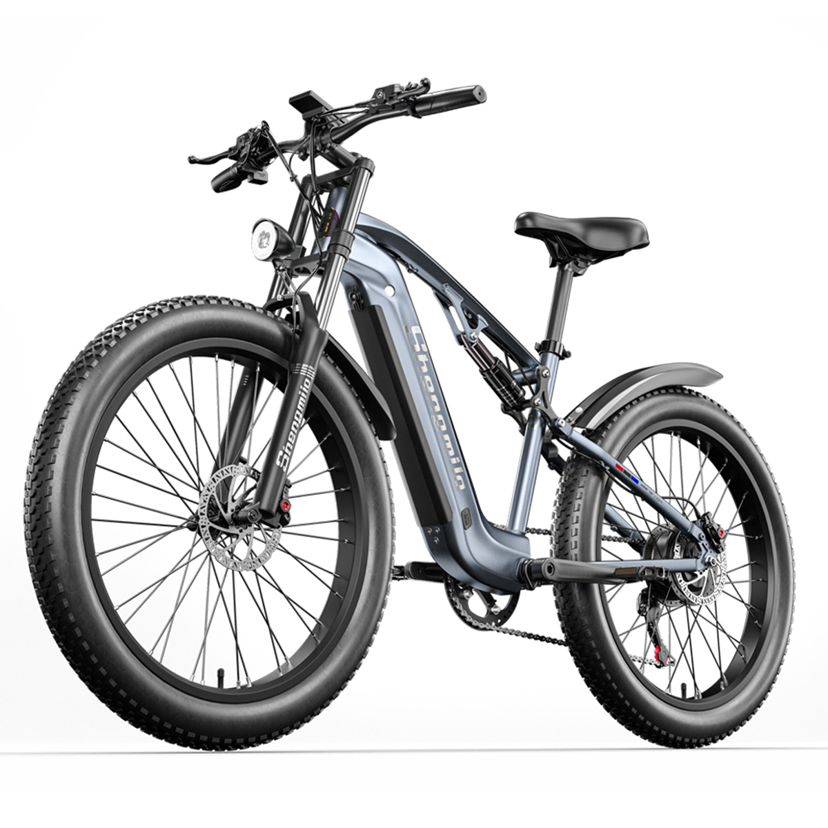 Zoll, für vollgefederte Strand-Mountainbike, (Laufradgröße: Stoßdämpfung 840Wh, Erwachsene, Unisex-Rad, grau) Elektrofahrrad SHENGMILO Mountainbike MX05 26