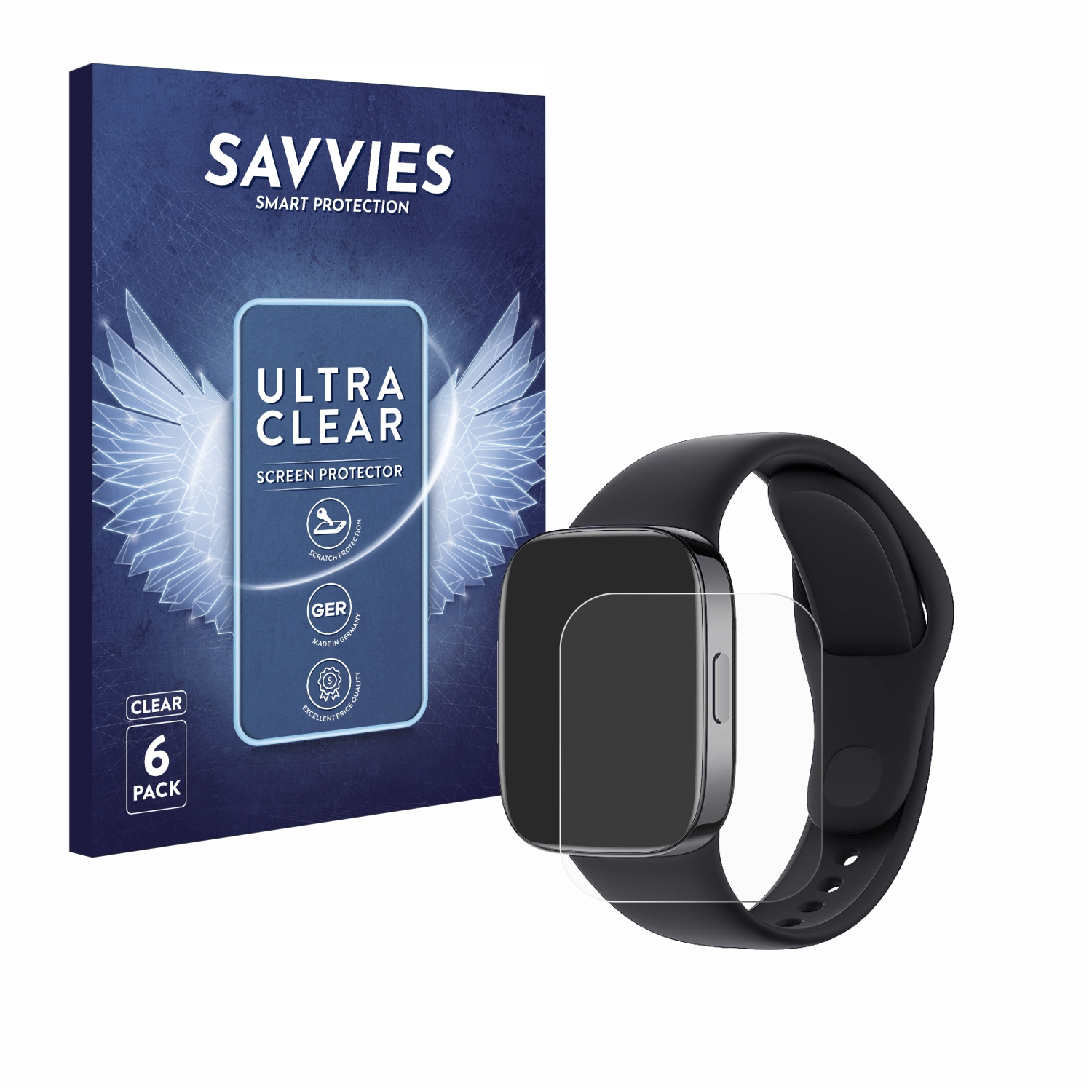 Eine schwarze Smartwatch mit Displayschutzfolie und einer blauen Box.