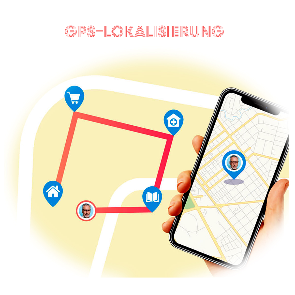 Eine Person, die ein Telefon benutzt, das eine Routenkarte mit Standortsymbolen zeigt.