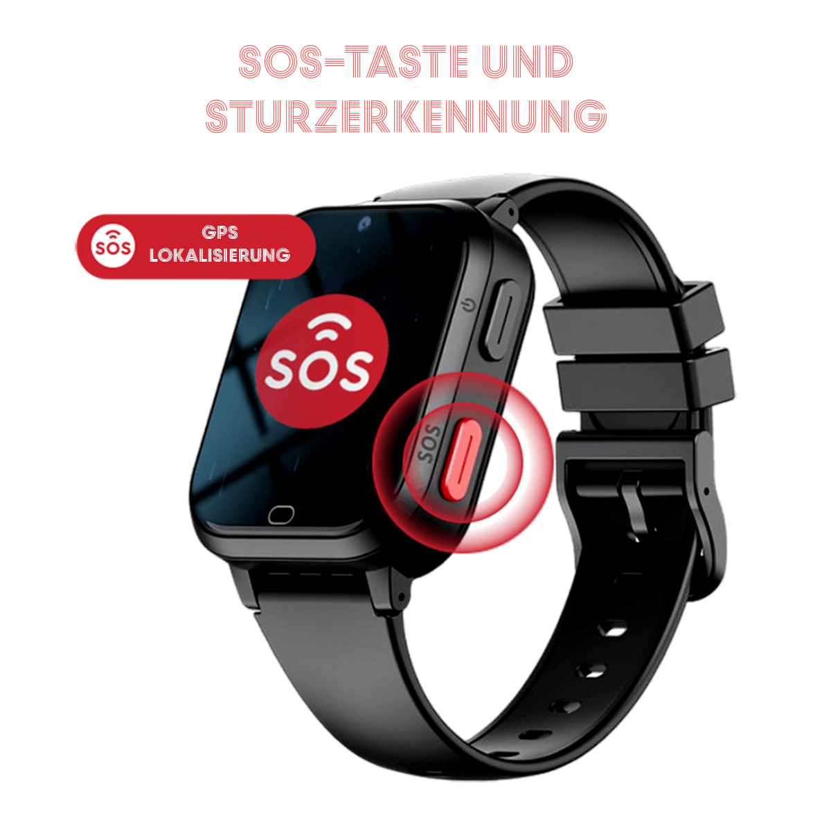 Eine schwarze Smartwatch mit SOS-Taste und GPS. Die Uhr hat ein schwarzes Armband und eine rote Taste.