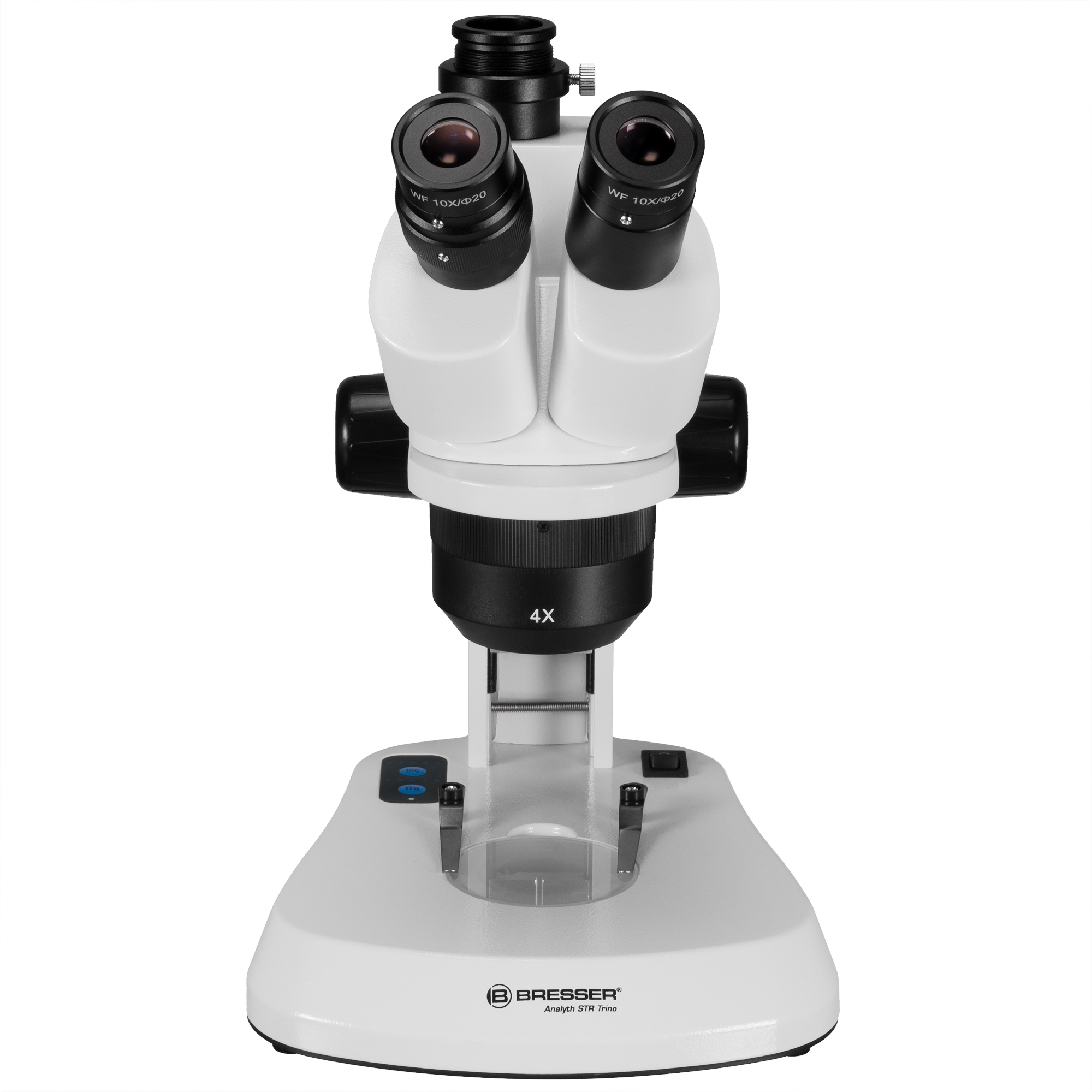 Un microscopio estereoscópico blanco con dos oculares, con un logotipo de Bresser.