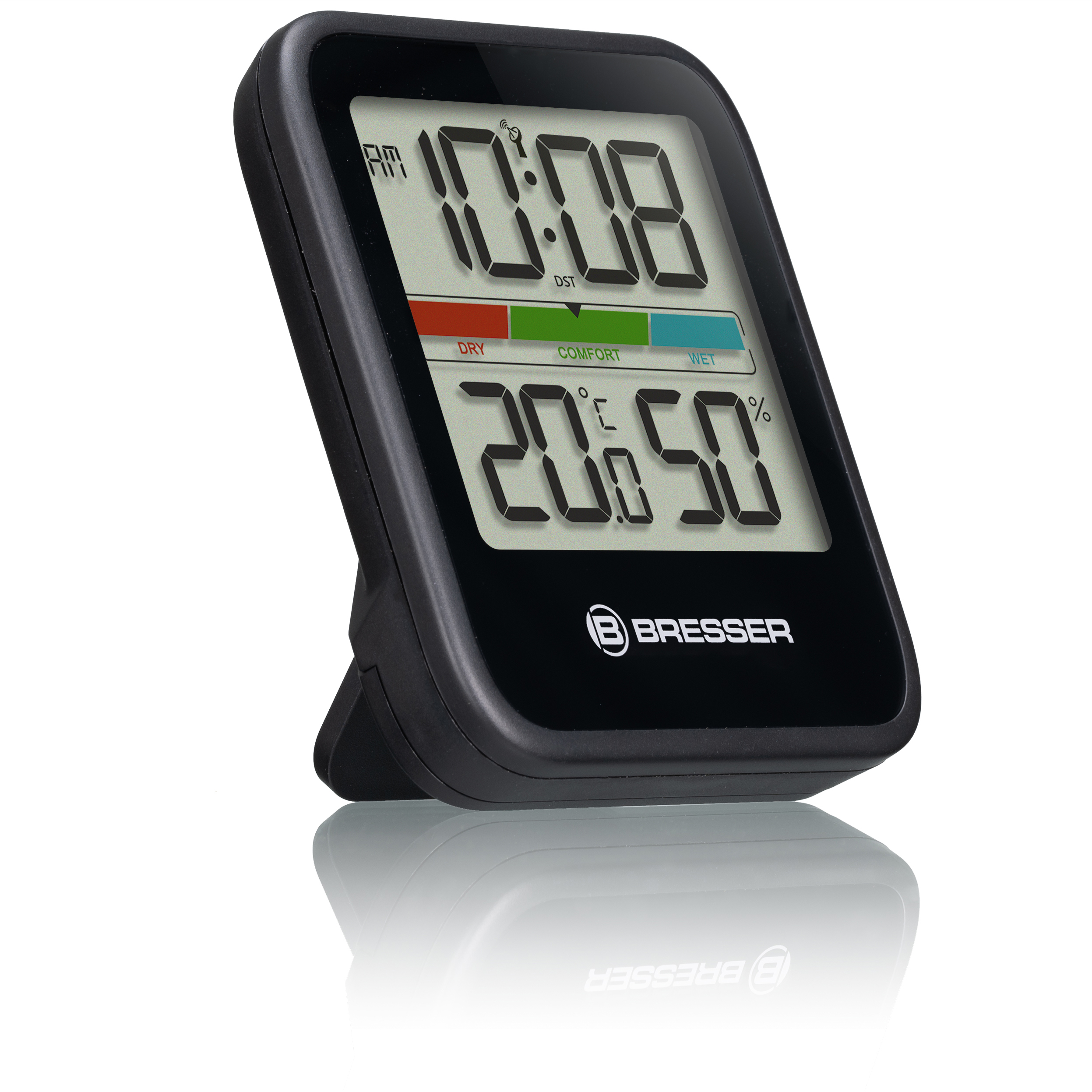 Schwarzes Digitalthermometer mit Anzeige von Zeit, Temperatur und Luftfeuchtigkeit auf weißem Hintergrund.
